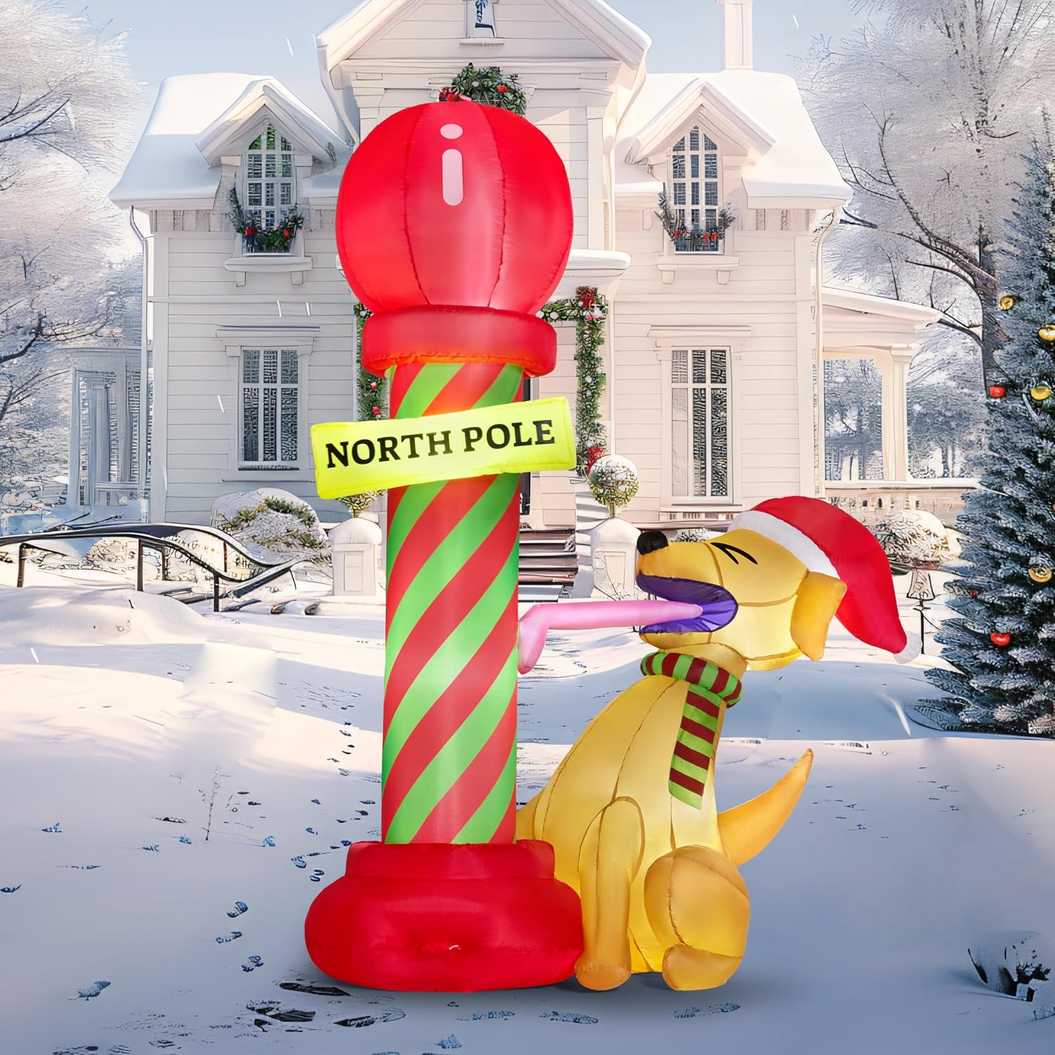 JOYIN 6ft Tall Christmas Inflatable Outdoor Decoration, Blow up North Pole Sign with Dog Christmas Inflatable Decor with Build-in LEDs for Xmas Party