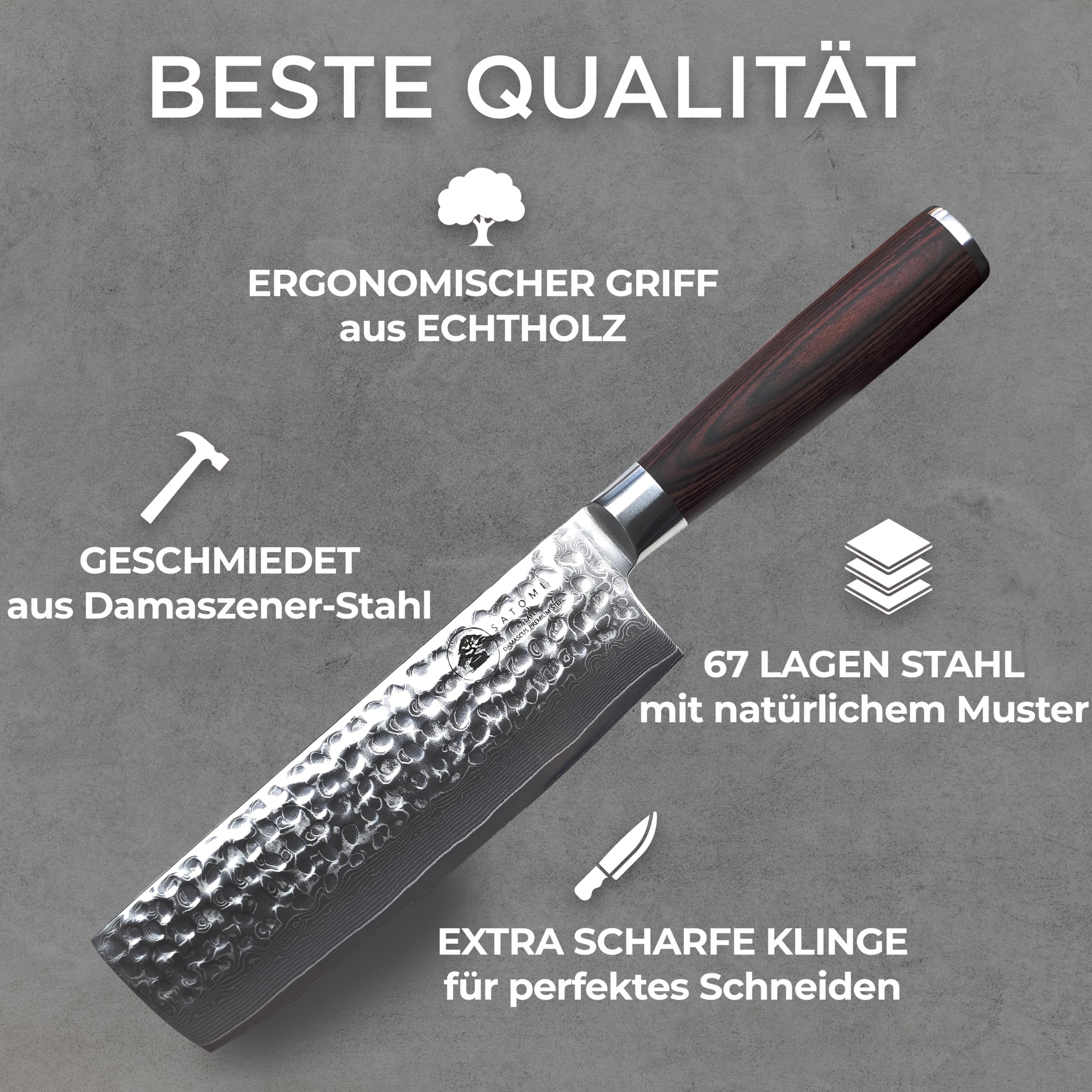 SATOMI® Nakiri Messer mit 18 cm Klinge gefertigt aus 67 Lagen Damaststahl traditionell Japanischer Stil mit Hammerschlag Damastmesser Küchenmesser Profi Kochmesser mit edlem Pakkaholz Griff