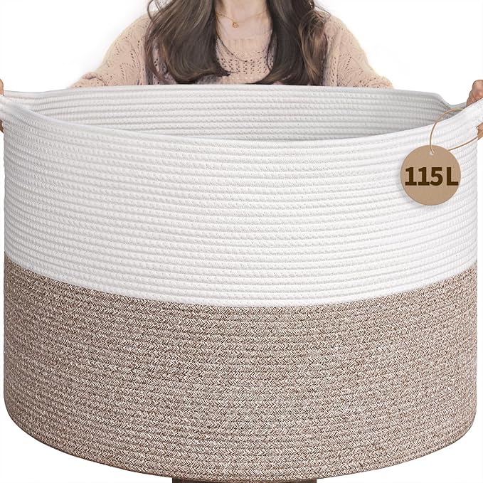 INDRESSME 115L Extra Large Blanket Basket, Soft Cotton Rope Storage Basket for Organizing, Home Decor, Toys, Laundry & Towels, Toy Storage Organizer for Living Room & Nursery, White & Brown