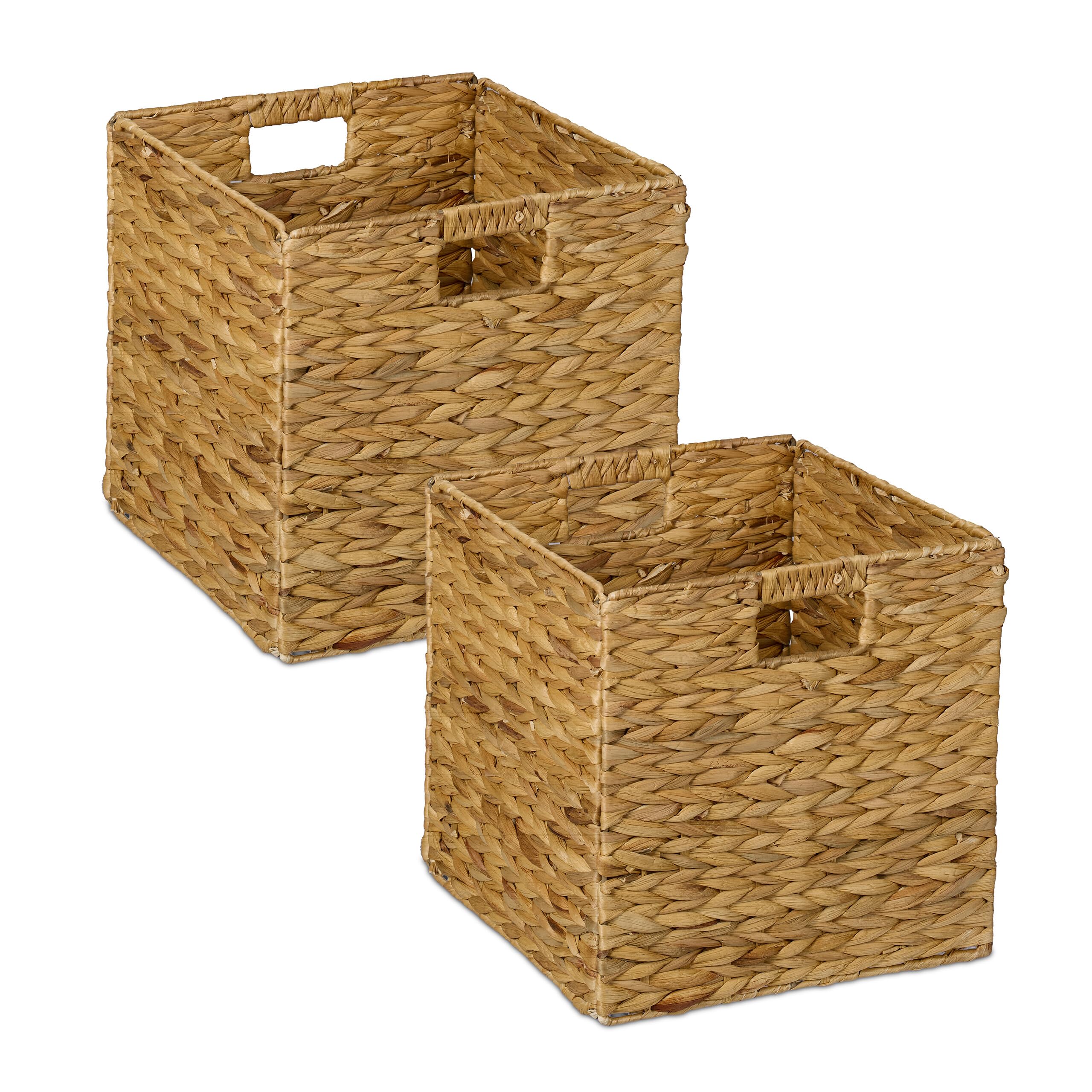 Relaxdays Cesta Almacenaje, Set de 2, Jacinto de Agua, Ropa, Juguetes, 30x30x30 cm, Cestita Trenzada Estantería, Natural