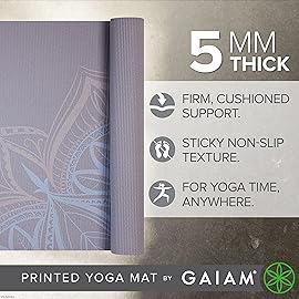 Gaiam Yoga Mat - 5mm Thick Yoga Mat - Non-Slip Exercise Mat for All Types of Yoga, Pilates & Floor Workouts - Textured Grip, Cushioned Support, Variety of Designs (24 x 68 inches long), Dusty Purple Point