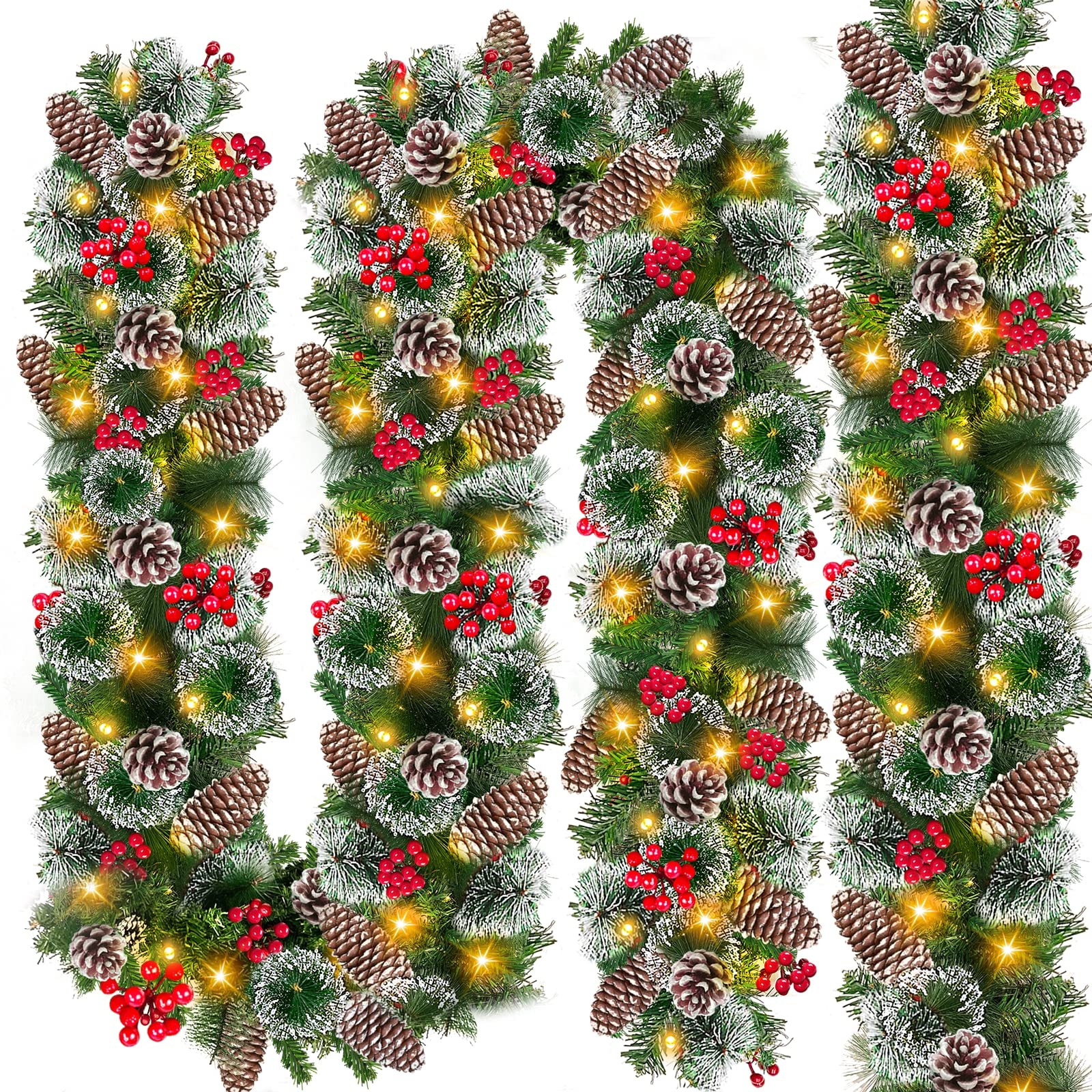 [ 2 Pack & Timer 8 Mode ] Prelit Christmas Garland Decoration, Each 9 Ft 100 LED Thick 300 Tips Snowy Bristle Pine 198 Red Berry 18 Pine Cones Battery Operated Mantle Xmas Decor, Total 18 Ft 200 LED