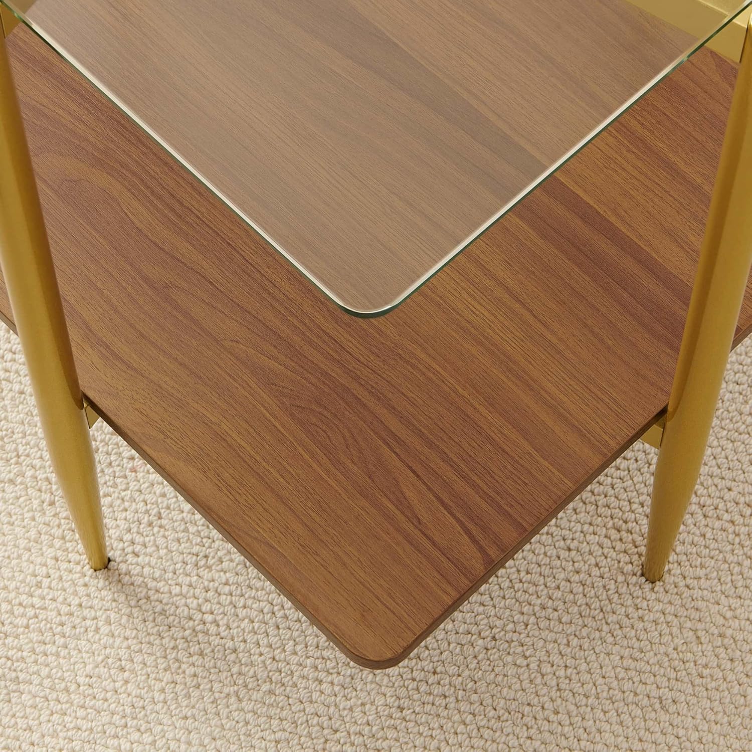 Square Glass End Table, Mid-Century Modern Sofa Table, L20*W20*H23 inch for Living Room, 2-Tier Structure, Clear Glass Top and Walnut MDF Shelf, Sleek Conical Metal Legs with Gold Finish