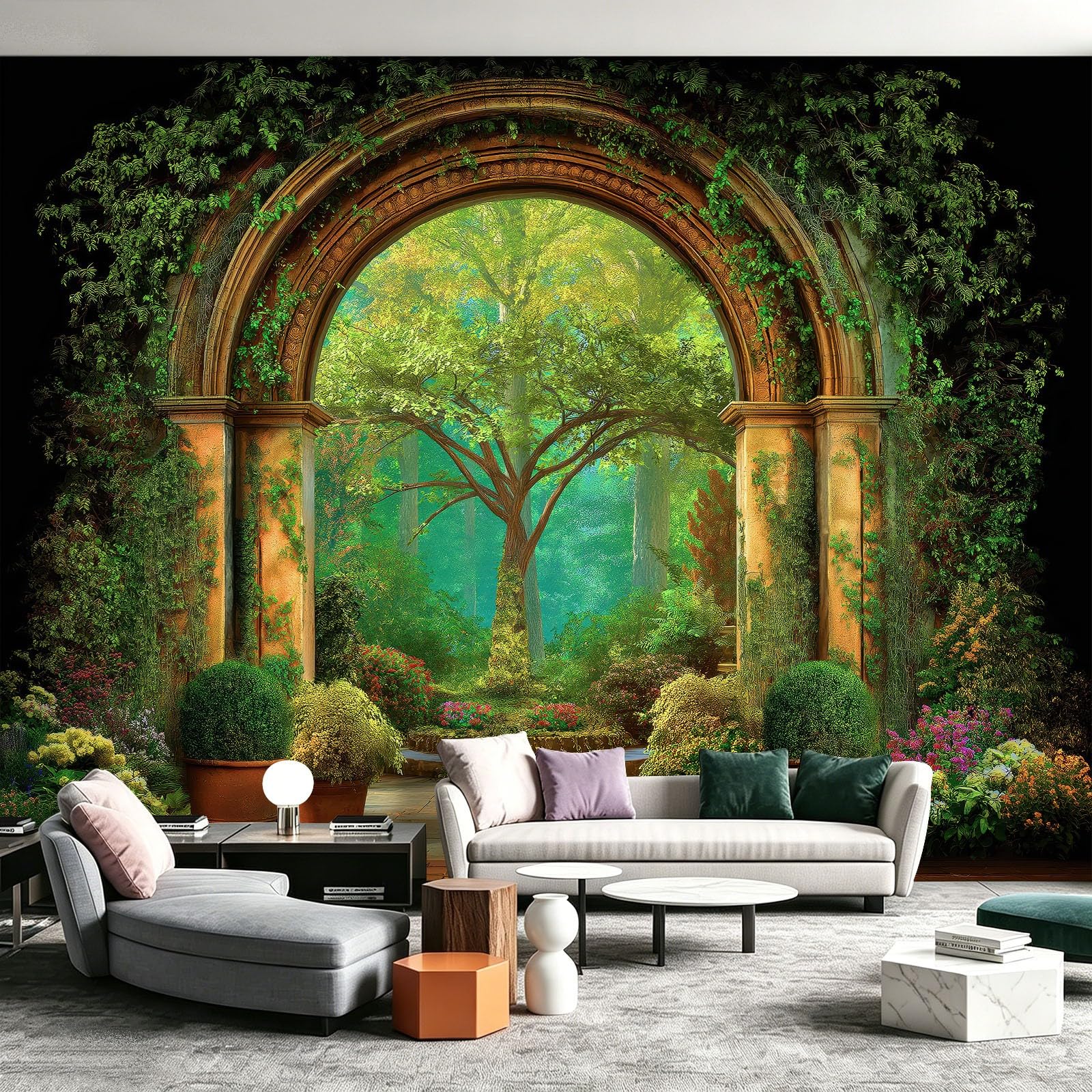 Générique Panoramiczna tapeta z naturalnego lasu, kamienny łuk 3D ogród fresk ścienny z włókniny 200 x 140 cm - dekoracyjna fototapeta ścienna do salonu pokój dziecięcy restauracja kuchnia