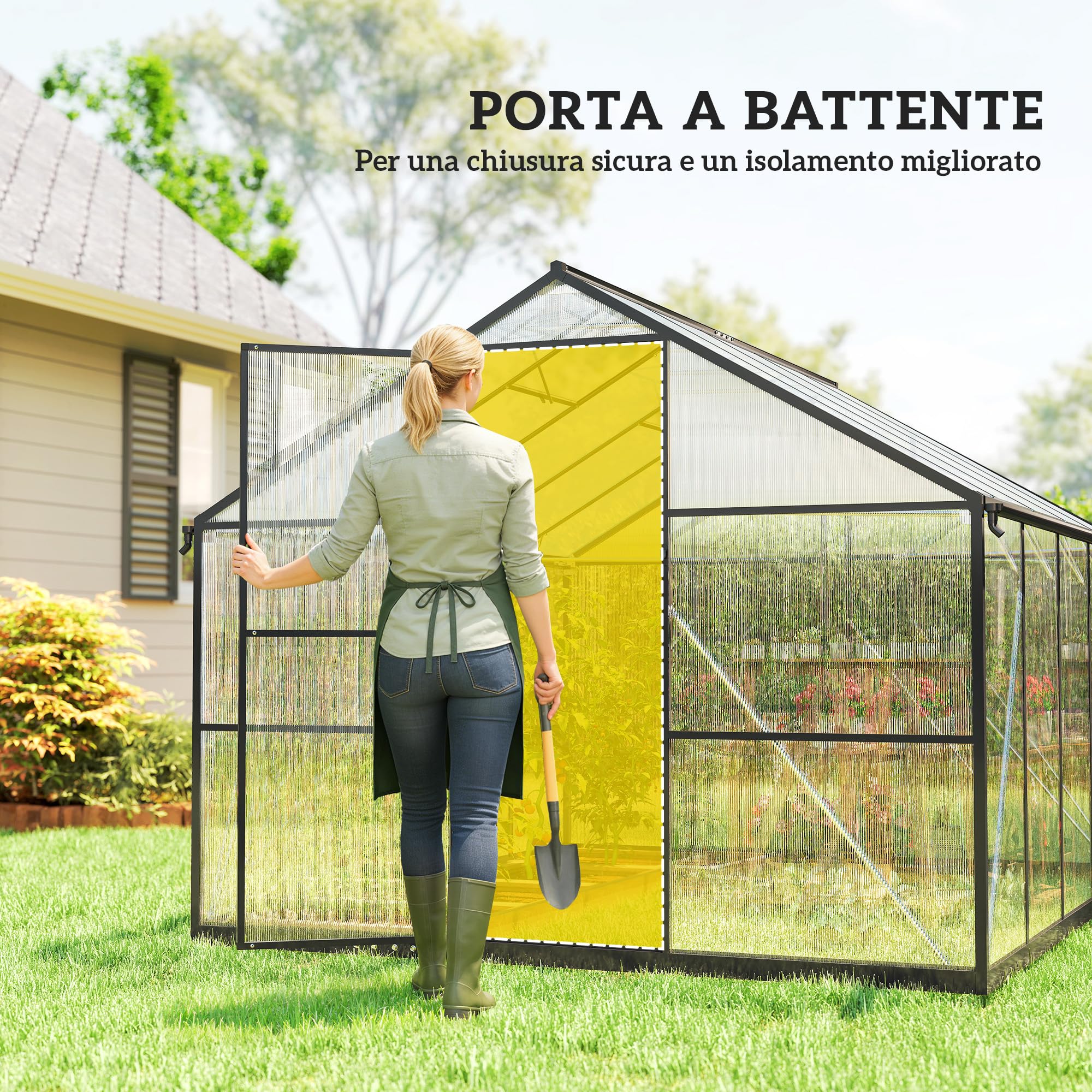 Outsunny Serra da Giardino Policarbonato con Grondaie 304x247x205cm Nero | 7.5㎡, Telaio in Lega di Alluminio, Serra per Orto, 2 Finestre a Tetto Regolabili, Porta a Battente, Anti UV, per Piante