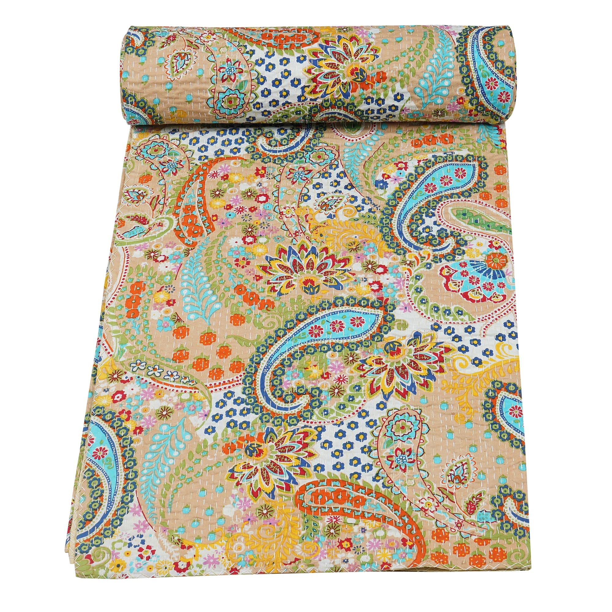 Marubhumi Indian Handmade Paisley Print Cotton Kantha Quilt (Beige, Queen (90"x 108"))
