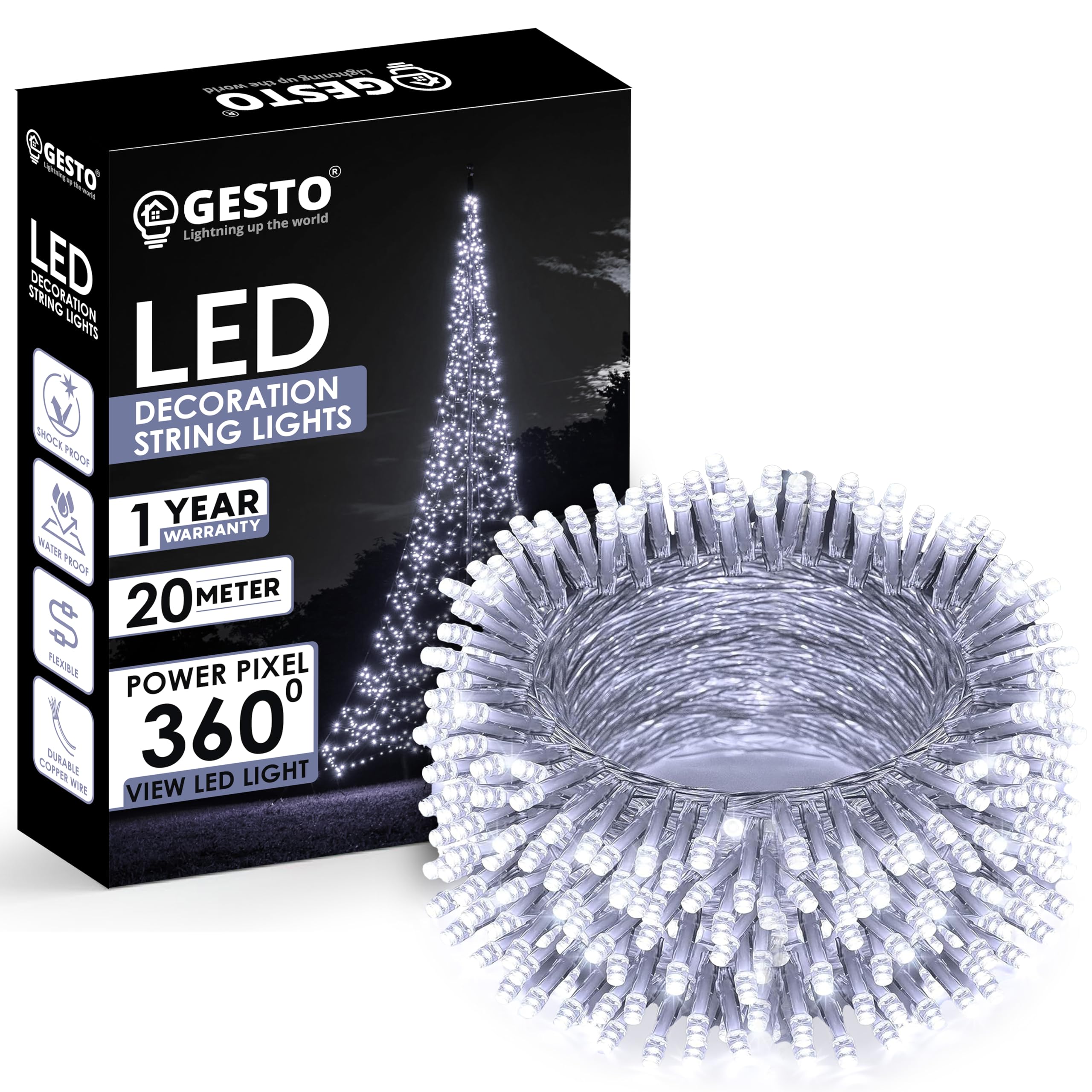 Gesto White Led Serial String Lights – Waterproof Copper Wire Led Fairy Lights for Home Decoration,Christmas, Deepawali & Diwali Decoration Lights for Balcony Outdoor (20 Meter | Pack of 1)