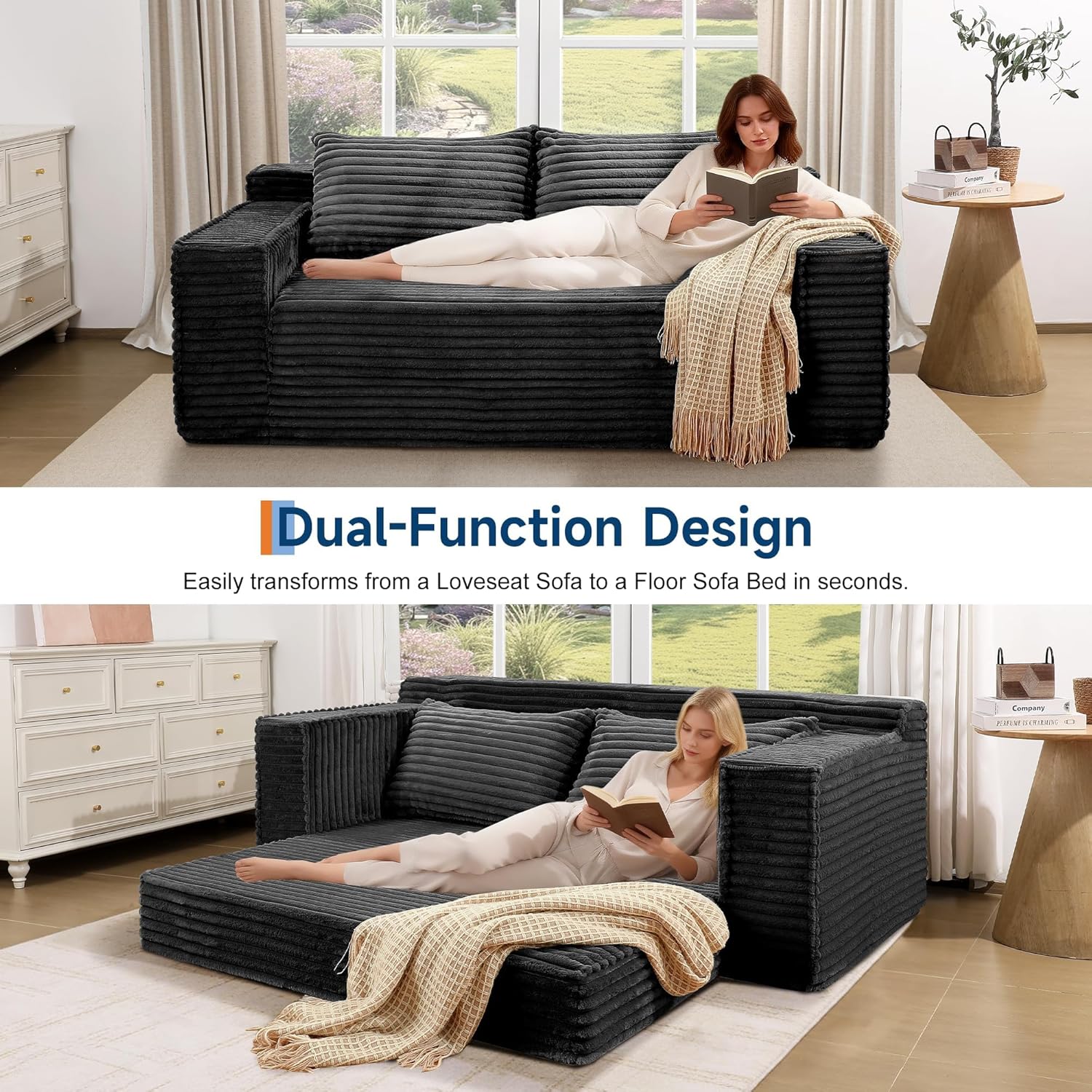 IDEALHOUSE 75 Inch Convertible Sofa Bed, Boneless Sleeper Sofa, 2 in 1 Folding Couch Bed with 2 Pillows, Pull Out Couch Bed, Loveseat Sofa for Living Room Bedroom, No Assembly, Black