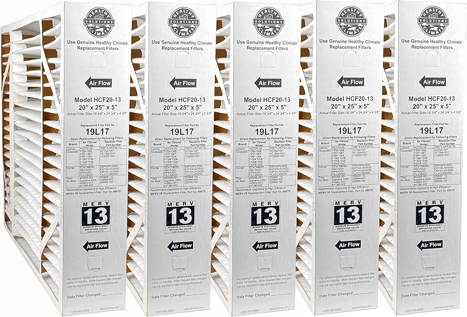 Lennox 19L17-20" x 25" x 5" Healthy Climate HCF20-13 Air Filter, MERV 13 (5-Pack)