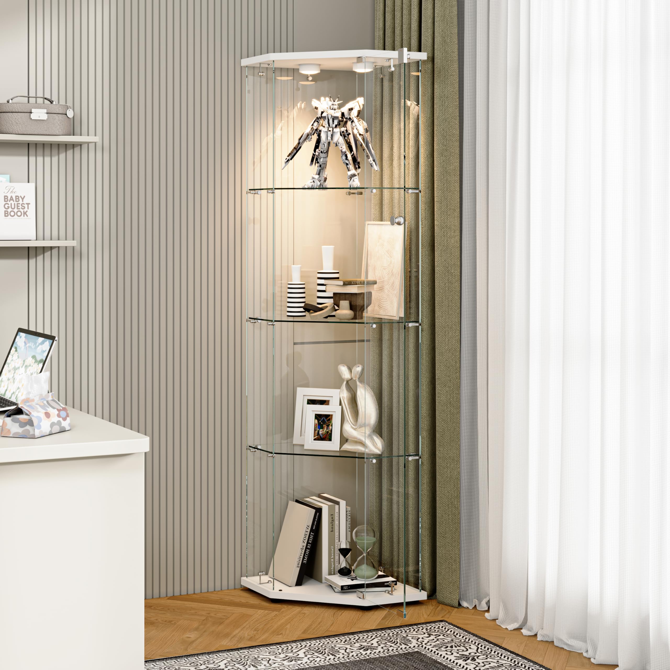 KOOPMAD 64" Corner Glass Display Cabinet with lights,Showcase Cabinet,White