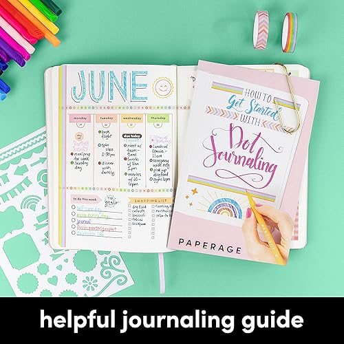 Miniatura 6 de PAPERAGE Kit de diario de viñetas, juego de diario punteado y kit estacionario, cuaderno de tapa dura con puntos (rubor), 15 bolígrafos de punta