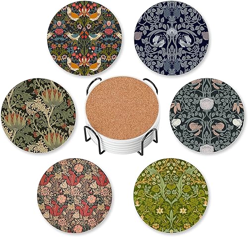 Miniatura 1 de Posavasos absorbentes con soporte, juego floral de William Morris de 6 posavasos duraderos para protección de mesa auxiliar, gran regalo de