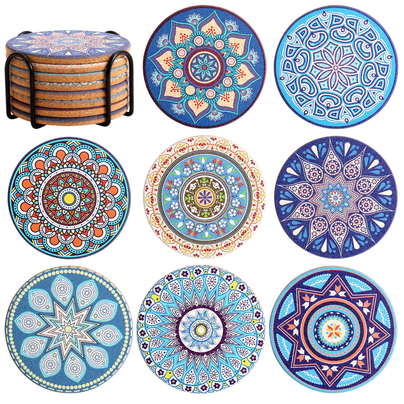 Cork Coasters Set of 8,Coasters for Drinks,Round Cute Coaster with Holder,Colorful Coaster for Apartment Home Office Bar Coffee Table Decor,Birthday Gifts for Mom (Mandala 10)
