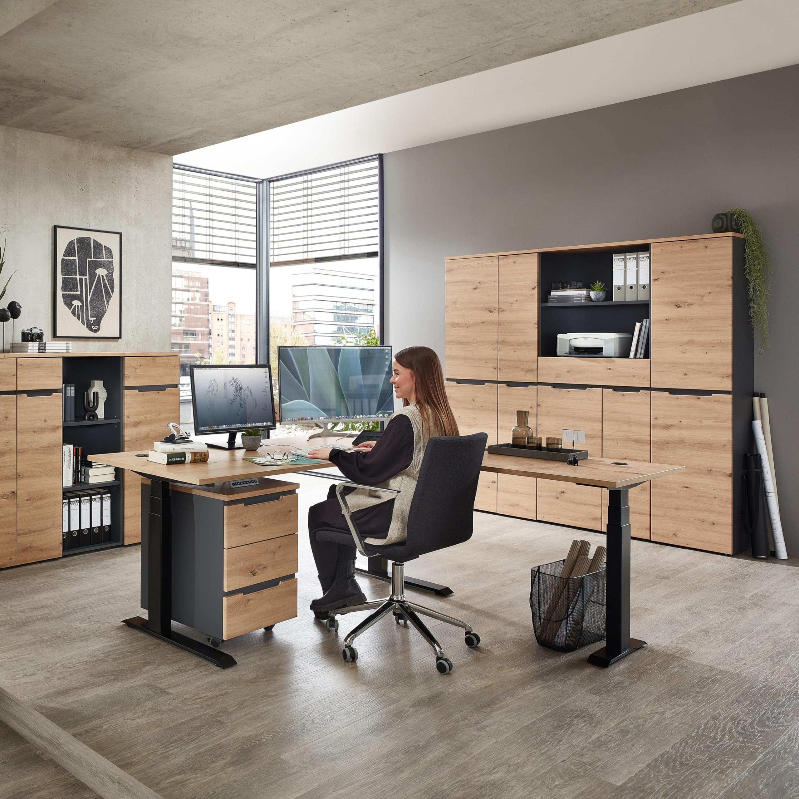 Memphis Aktenschrank in Artisan Eiche Optik, Graphit - Moderner Büroschrank mit 2 Türen - 75 x 197 x 38 cm (B/H/T)