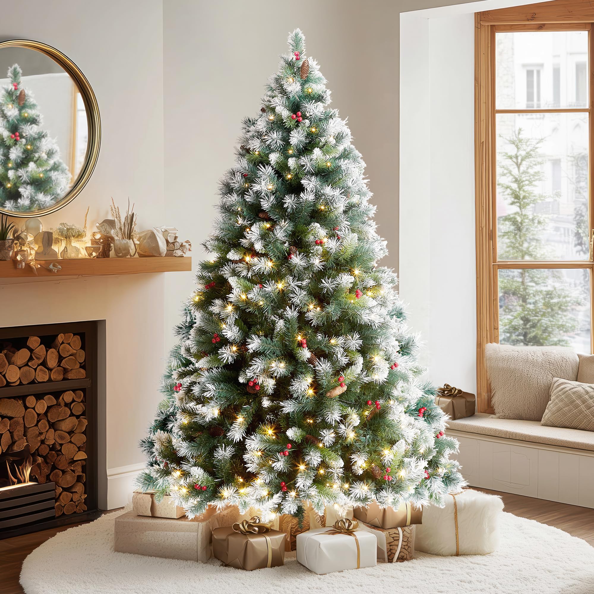 VeryMerry 5FT 'Claudia' Pre-Lit Christmas Tree with 200 Built-In Warm White LED Lights with Auto-Off Timer, 8 Lighting Modes, Decorative Pinecones and Berries