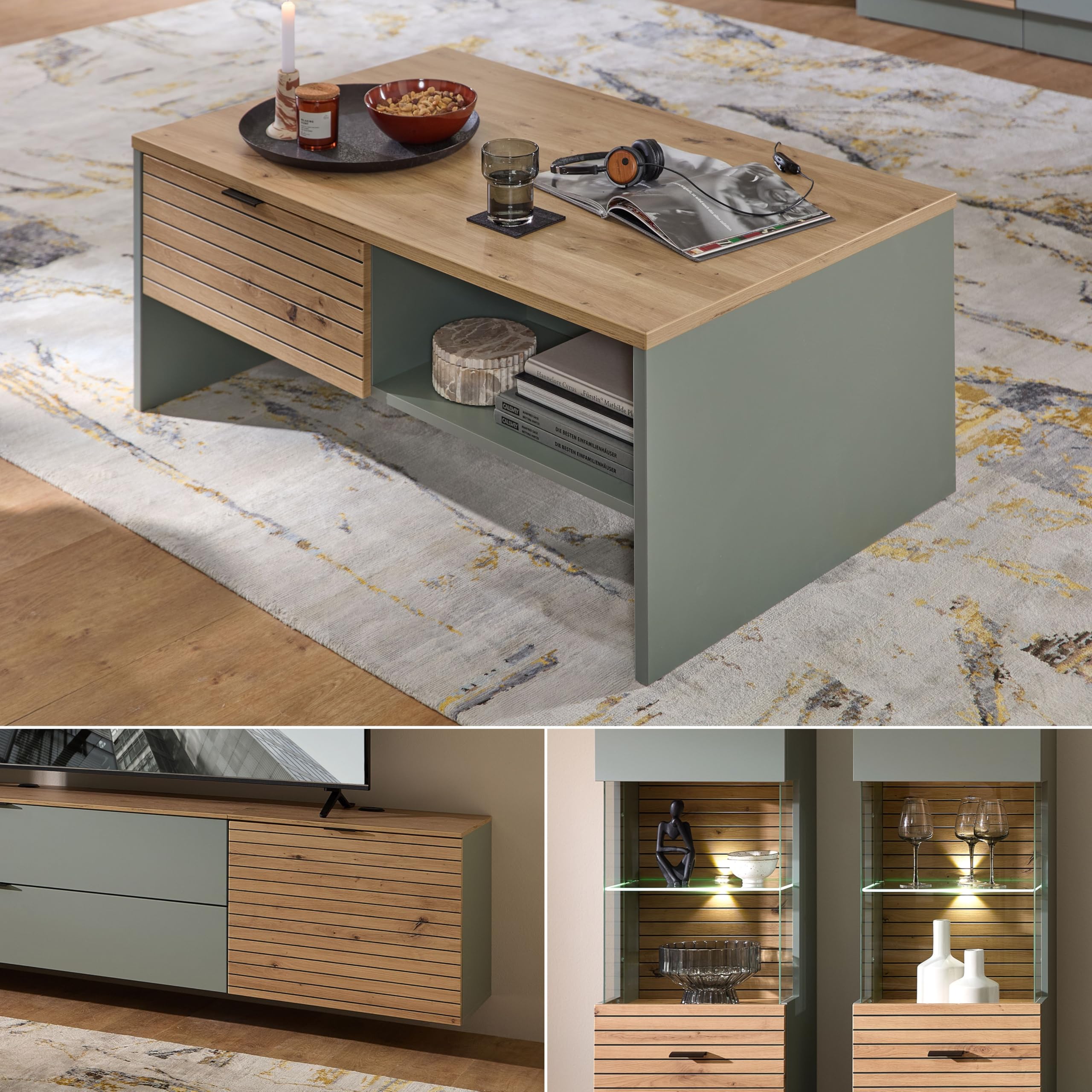Stella Trading INA - Set completo da parete in verde canna, effetto rovere artisano, certificato FSC, 5 pezzi, con illuminazione a LED per il vostro soggiorno, 320 x 200 x 44 cm (larghezza x altezza x