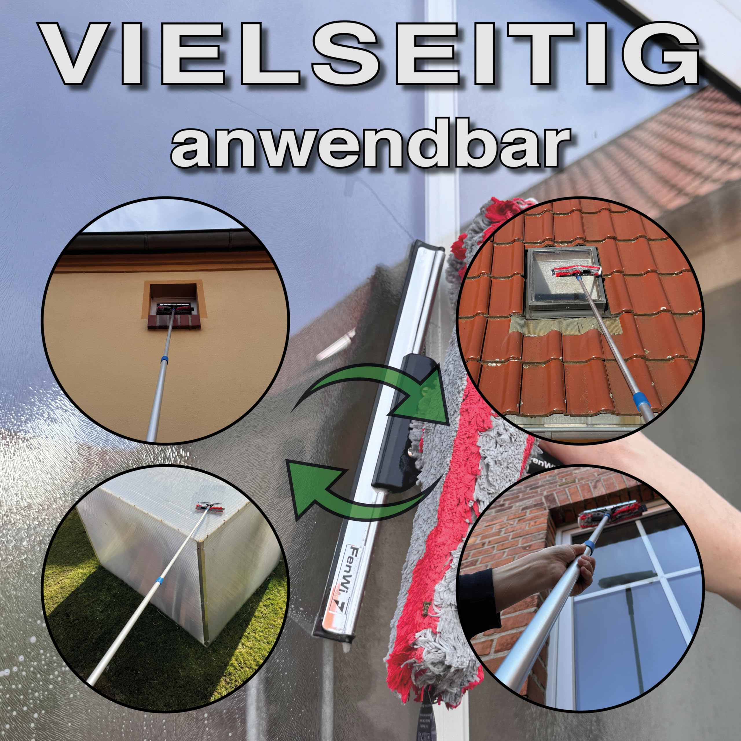 FenWi 3m Teleskop Fensterputzer Profi Set mit 25/30cm Kombi Einwascher/Abzieher, Gummilippe, Kombi Fensterwischer und 300cm Alu Teleskopstange für Wintergarten Fenster und Solaranlagen Reinigung
