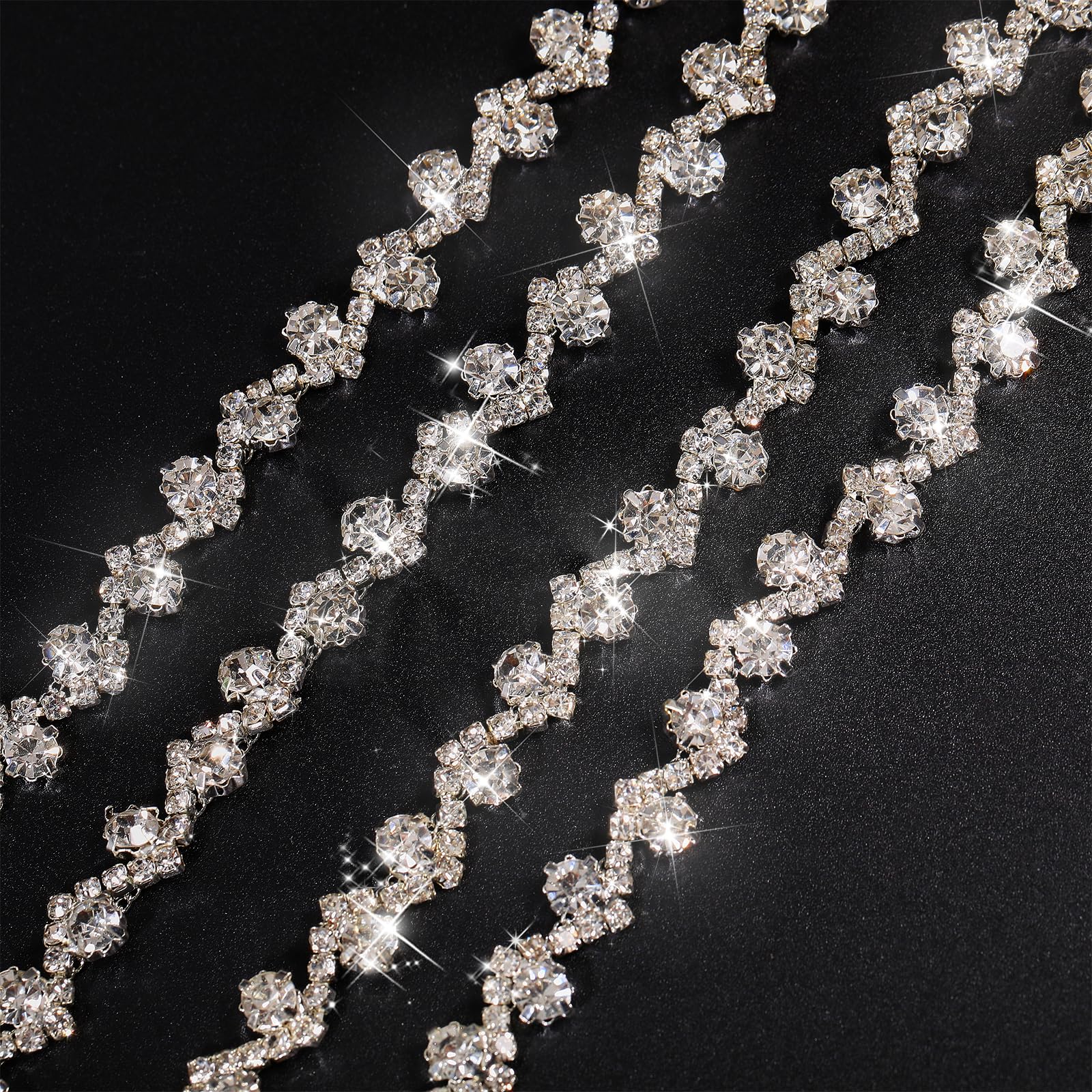 GLOBLELAND 4 Yards Strass Fransenbesatz Strass Kette Diamant Kristall Fransenbesatz Zum Nähen Basteln Hochzeitskleid Kleidungszubehör DIY Dekoration Silber