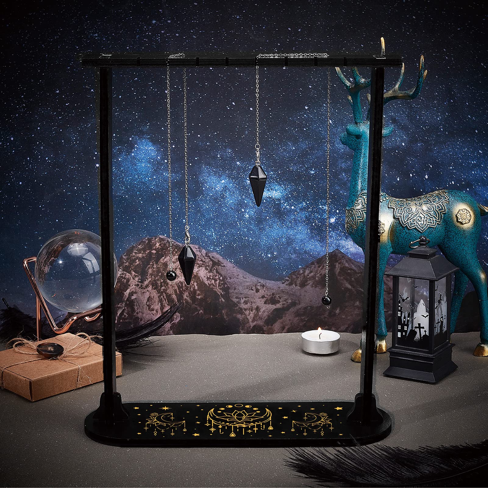 CREATCABIN Piccolo Espositore in Cristallo Loto Luna Porta Cristallo in Legno Supporto Divinazione Pendolo Portaoggetti Catena Roba Magica da Strega per Appendere Cristalli Collana 9.8x3.1 Pollice