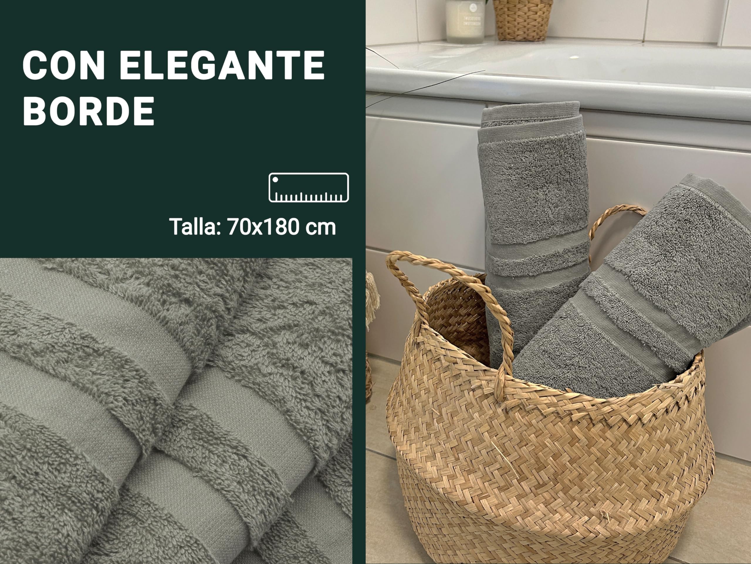 ZOLLNER Juego de 5 Toallas de Ducha de 70 x 140 cm - Toallas de baño - con un Moderno Borde a Rayas - Lavables hasta 95 °C - con un práctico Colgador - En Color Taupe - Calidad de Hotel