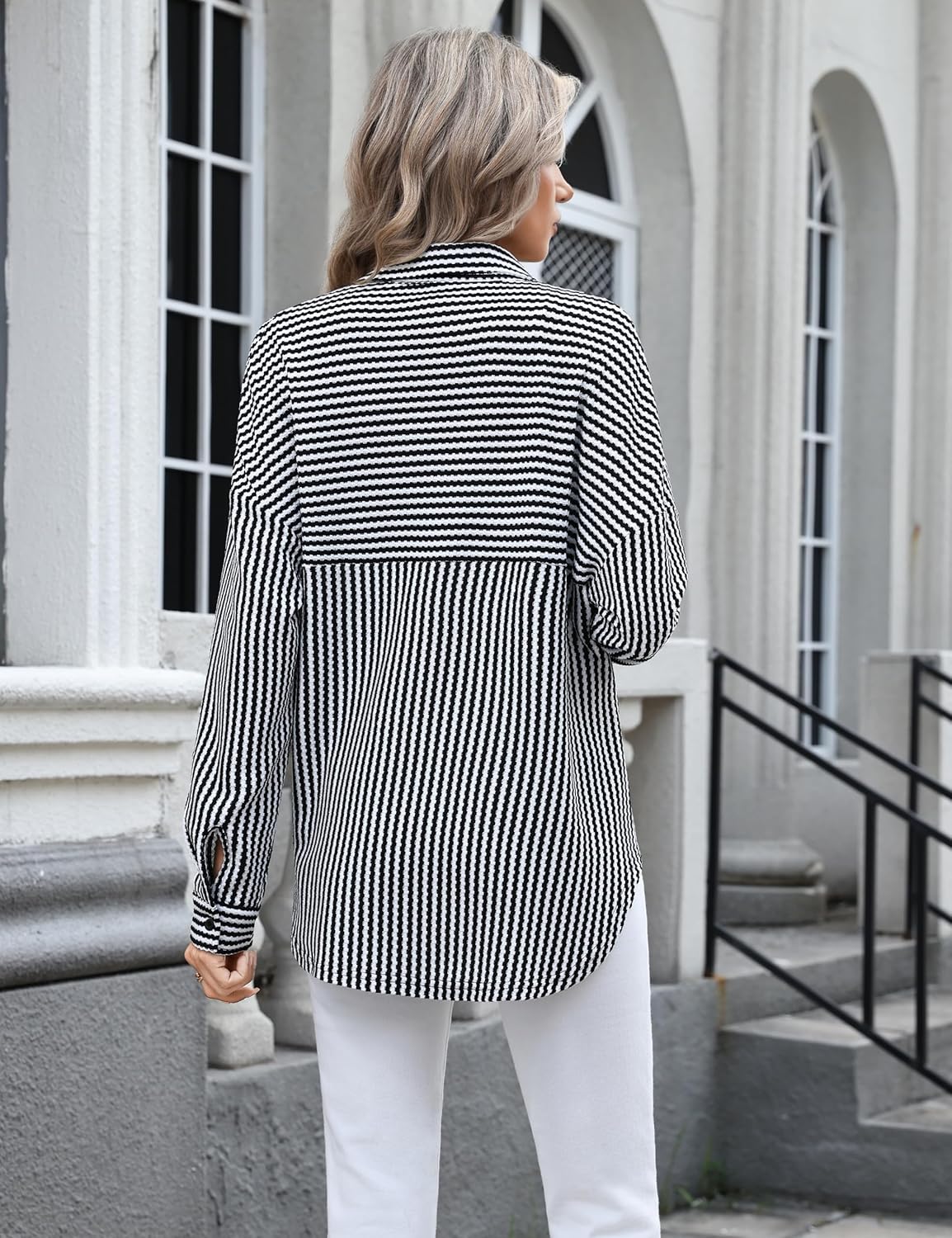 Fayenne Waffle Knit Button Down Shirts for Women Striped Long Sleeve Dressy Casual Tops Oversized Blouses Fall Outfits - Image 6