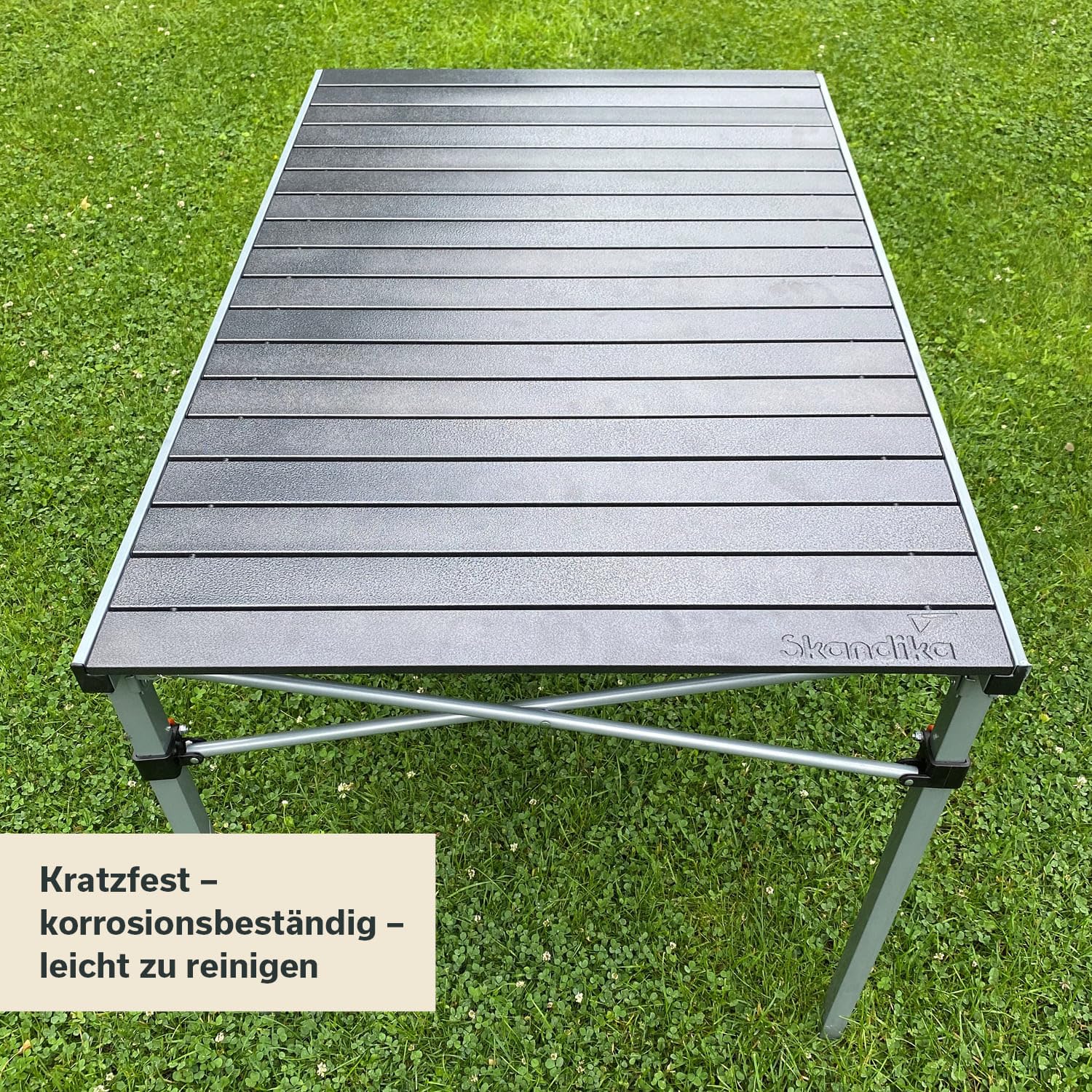 Skandika Aluminium Klapptisch Maikku | Alu Campingtisch für 6 Personen, 80 kg Traglast, 107 x 70 x 70 cm, wasserfest, klappbar, leicht, einrollbare Tischplatte | Falttisch für Garten, Angeln (Grau)