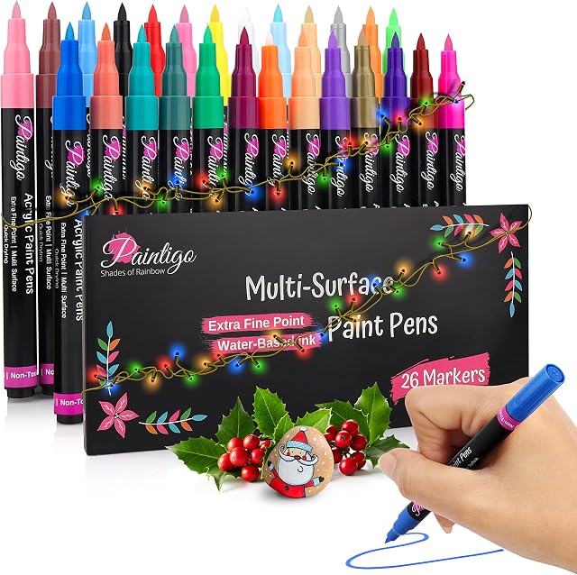 PAINTIGO Acrylic Paint Pens for Rock Painting, Wood, Ceramic, Glass, Fabric, Mugs, Canvas, DIY Craft Supplies - Acrylic Paint Markers Set of 26 Colors, Water Based, Waterproof, Extra Fine Tip 0.7mm