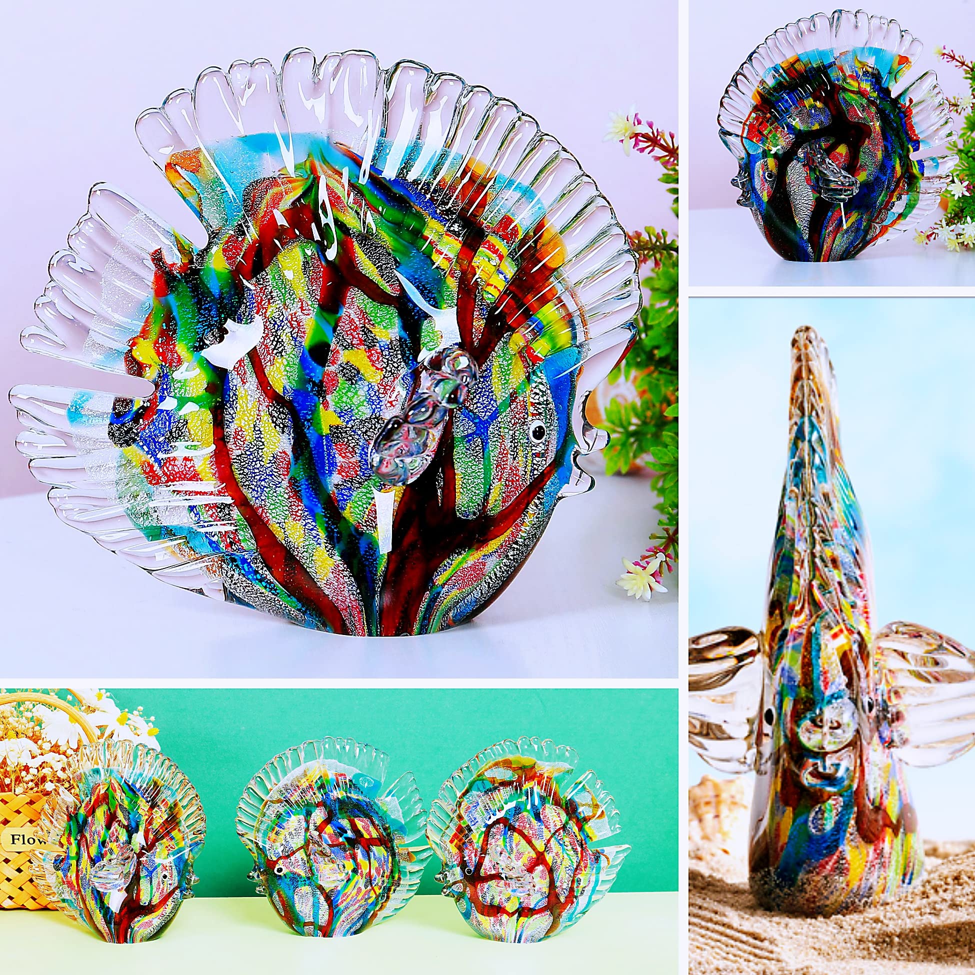 EUSTUMA Figurines de poissons tropicaux en verre soufflé à la main, sculpture d'animaux marins pour aquarium, collection d'animaux marins pour cadeau d'anniversaire, sculpture en verre