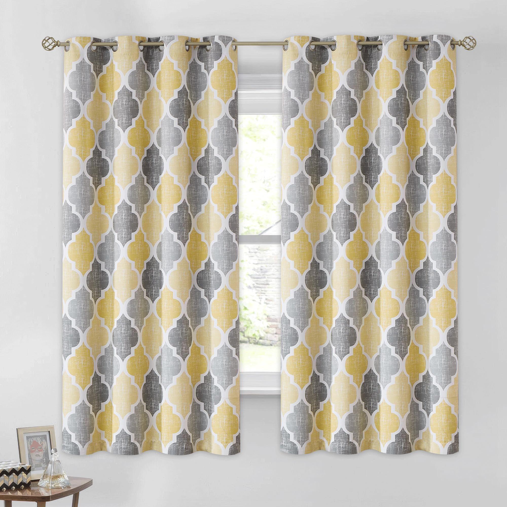 Beauoop 100% Blackout Curtains 54 Inches Long 2 Panels for Bedroom Living Room Yellow Grey Moroccan Geo Room Darkening Thermal Insulated Soundproof