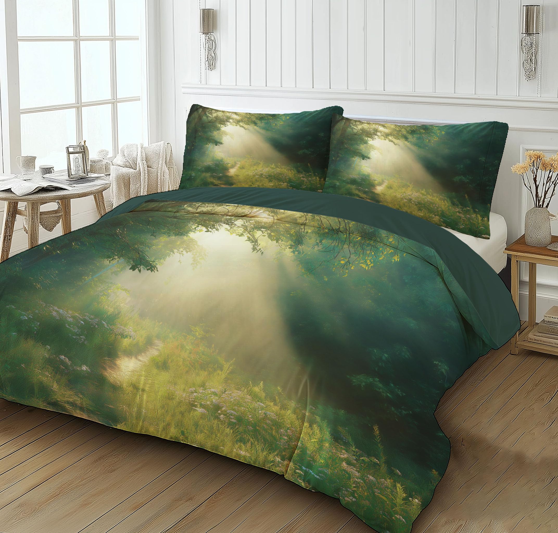 Housse de couette 200x200cm forêt brumeuse avec 2 taies parure de lit 2 personnes