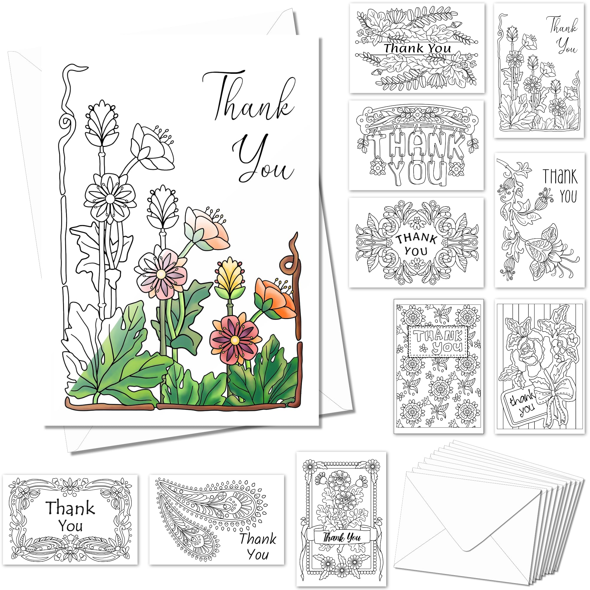 Art Eclect Tarjetas de agradecimiento para colorear para adultos, 10 tarjetas con diseños únicos y 10 sobres blancos (ThankYou/10)