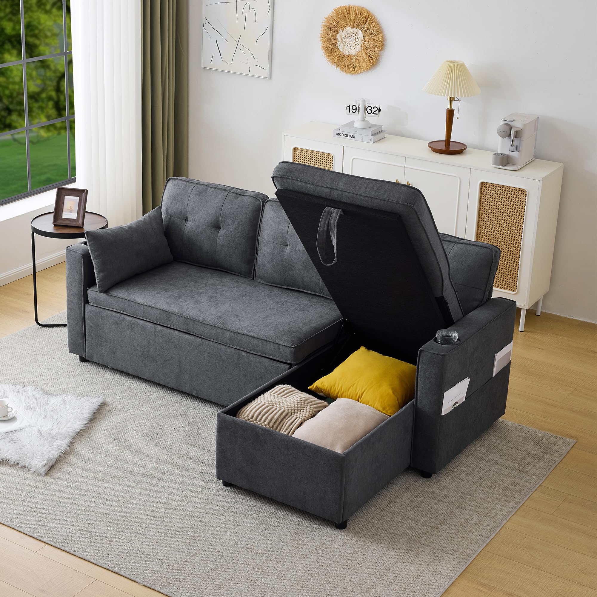 Divano letto con funzione letto, divano a L, design moderno, mobili imbottiti, divano, poltrona lounge con spazio di archiviazione, con portabicchieri, divano letto per soggiorno, intercambiabile a