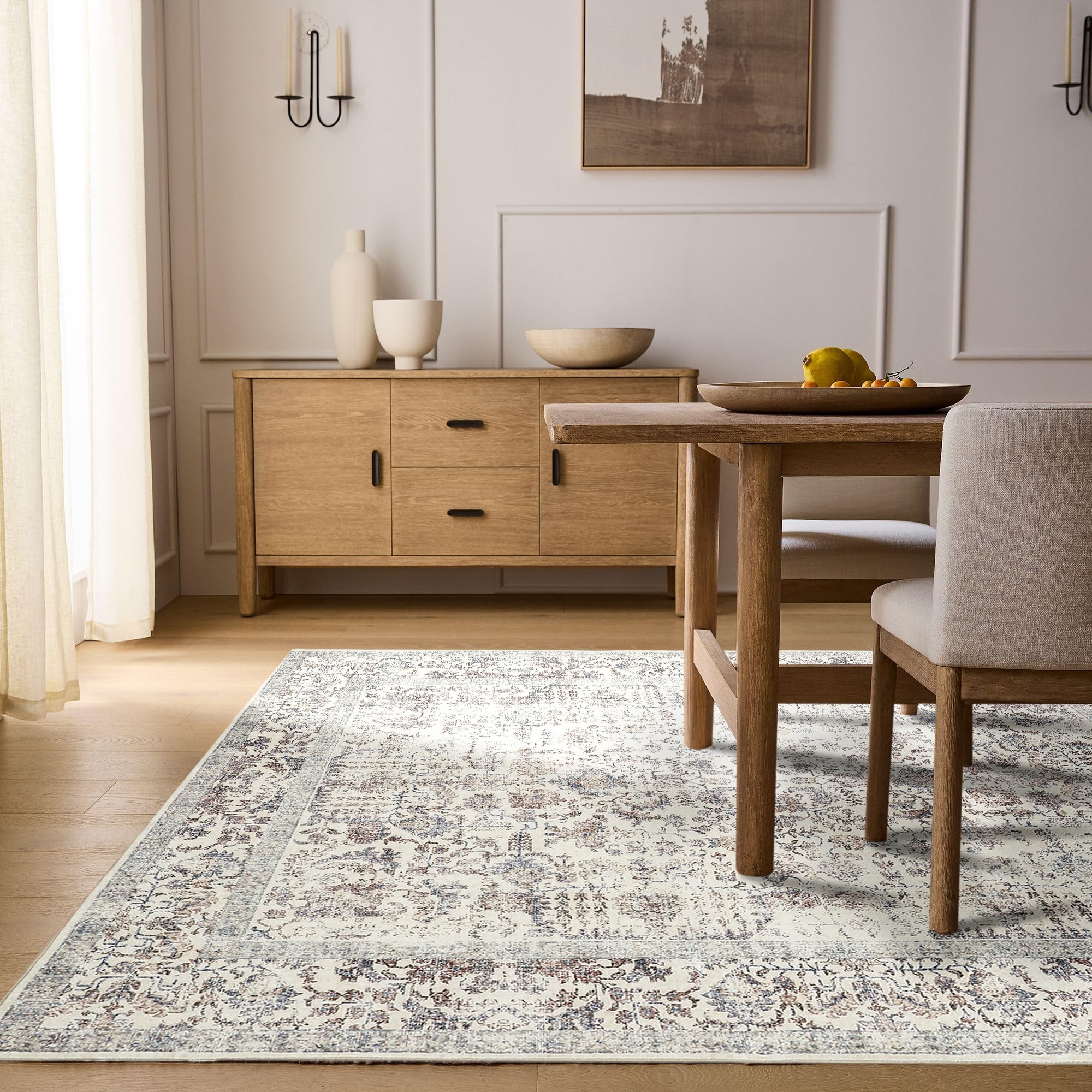 PureCozy Taupe Area Rug 5x7 Indoor Vintage Living Room Carpet Kitchen Washable Distressed Rug Floral Bedroom Rug Retro Accent Throw Rug for Office Dining Room Nursery