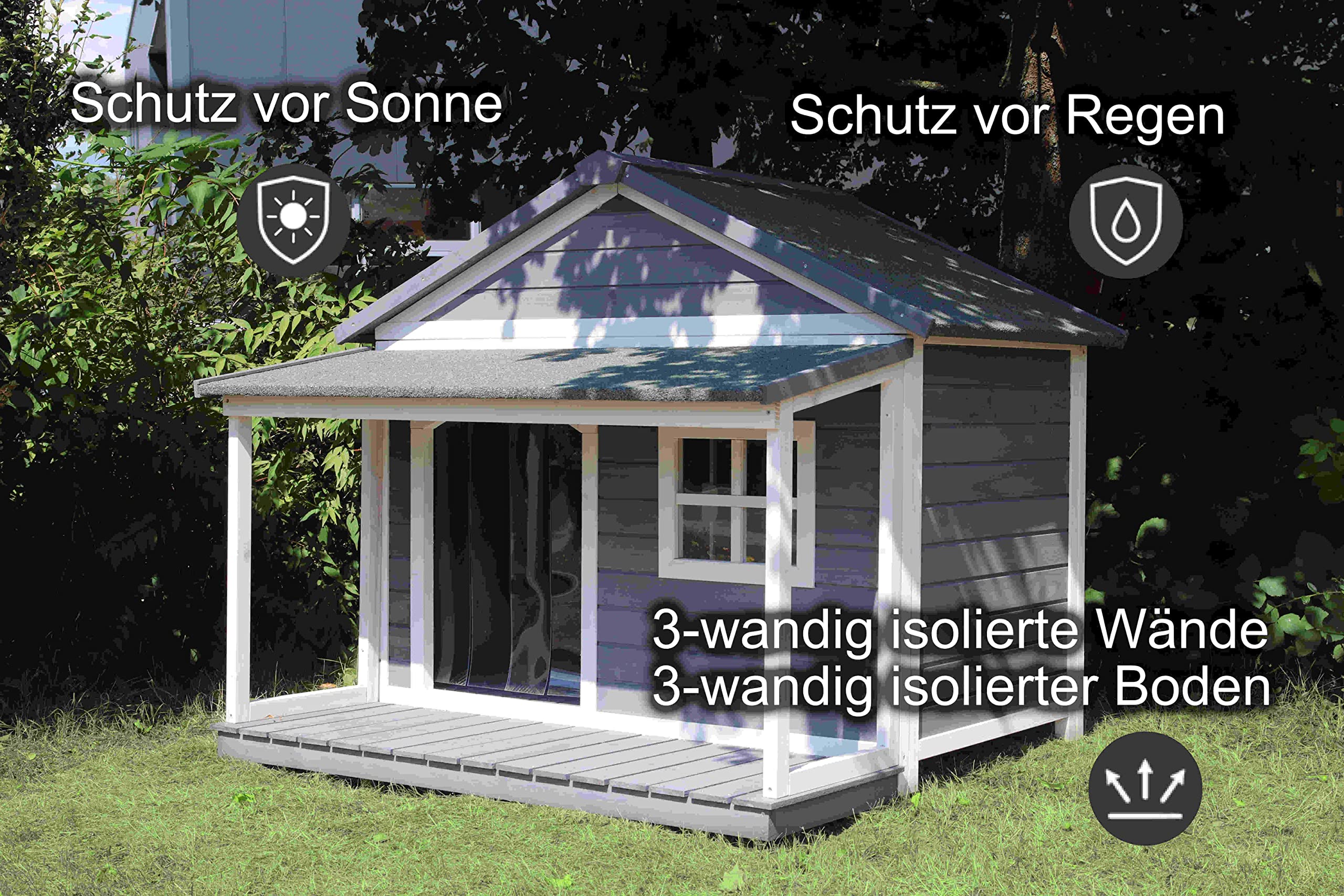Outdoor Hundehütte Massivholz, isoliert, Satteldach, 130x118x108 | Mit praktischem Vordach, Terrasse und Fenster für mehr Komfort und Schutz.
