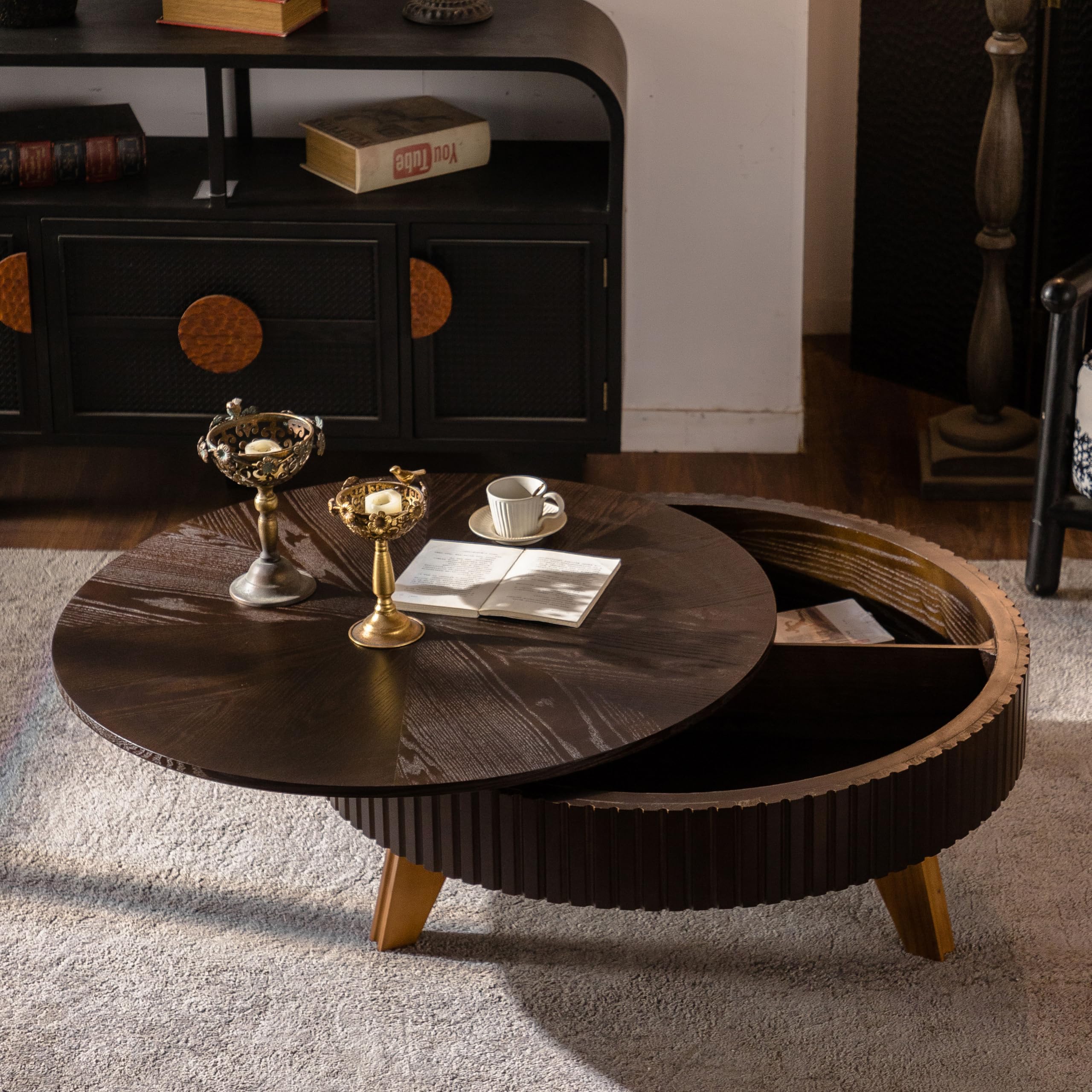 Retro Round Coffee Table with Storage and Solid Wood Legs, Timeless Design for Living Room &amp; Office (Brown, 39.37")