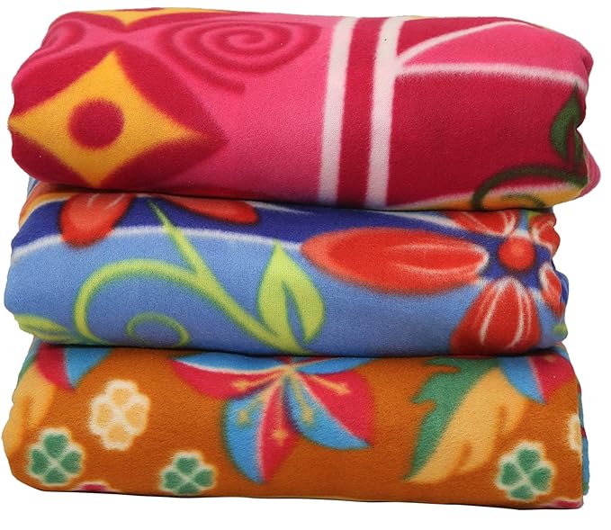 Goyal's Fleece Double Bed Multicolour Printed Blanket - Set of 3