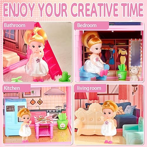 Miniatura 15 de Juego de casa de muñecas para niños y niñas, 4 pisos, 13 habitaciones, 3 muñecas y 2 cachorros, muebles y accesorios para niñas de 5, 6, 7, 8 años