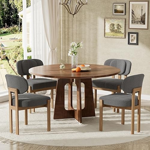 Moderno juego de mesa de comedor de 5 piezas con 4 sillas, mesa de comedor redonda de madera de nogal MDF, sillas tapizadas de tela gris con patas
