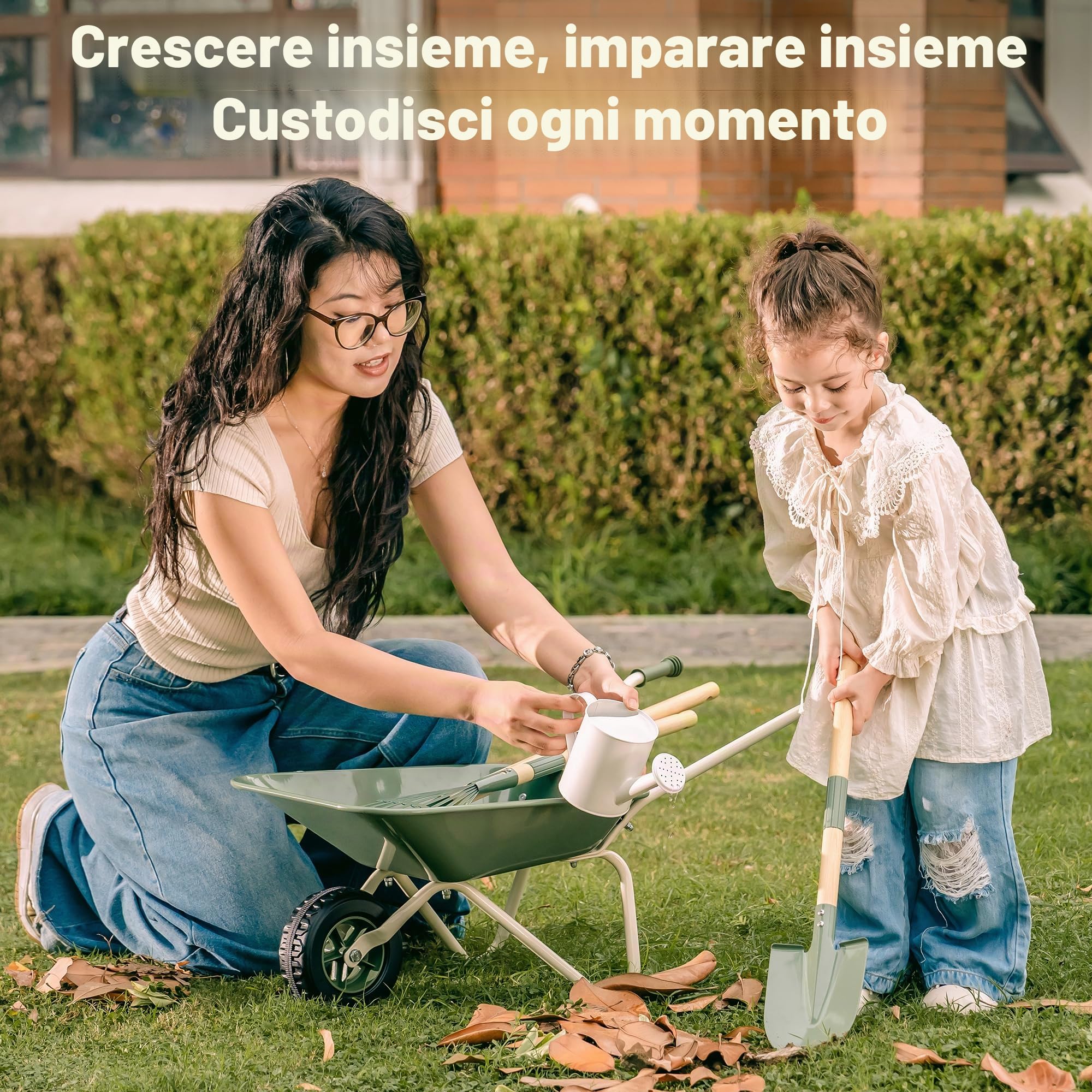ROBOTIME Carriola in metallo per bambini, 5 pezzi, verde oliva, grande set da giardino con manico in legno di pino regolabile, annaffiatoio, rastrello, pala, per ragazzi e ragazze dai 3 anni in su