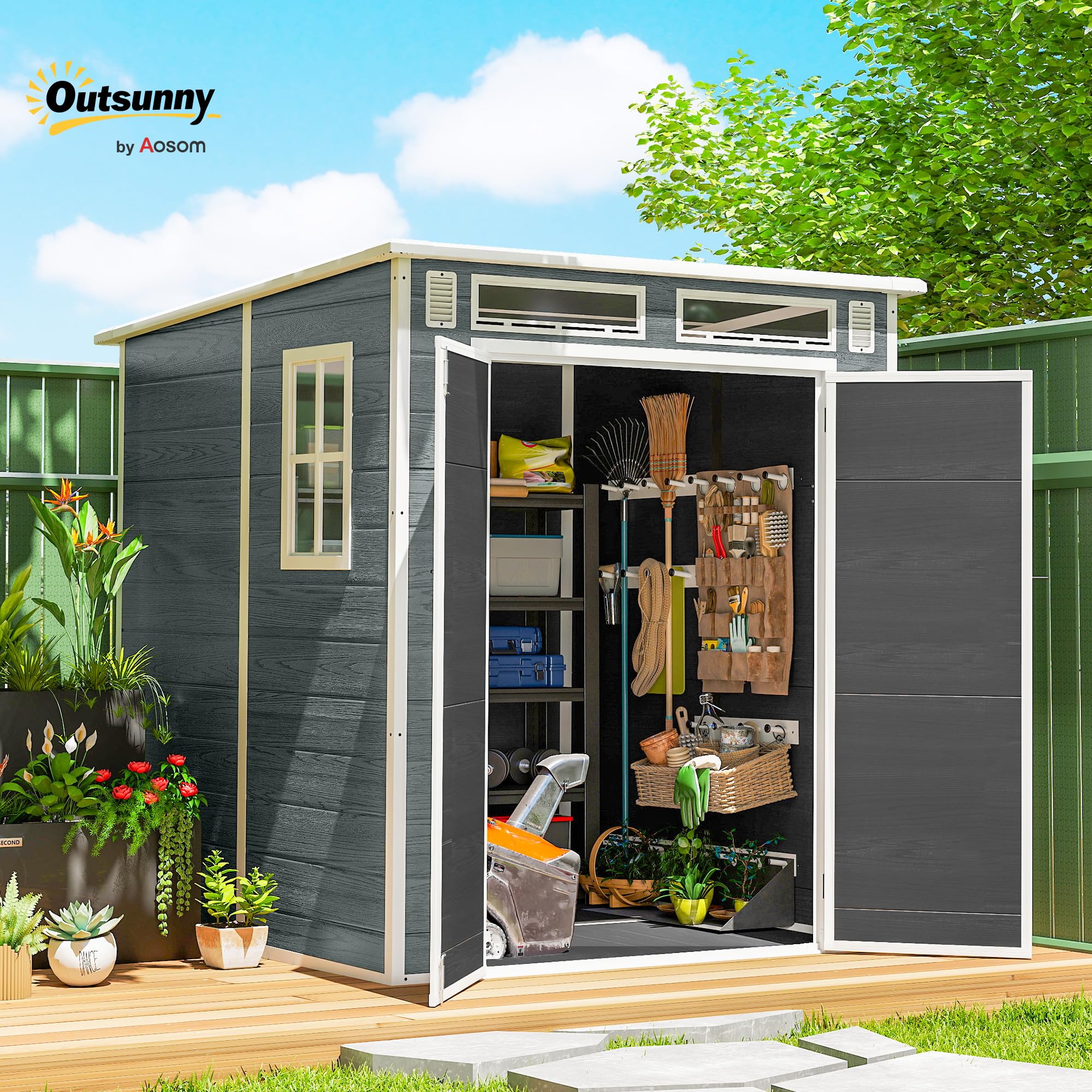 Outsunny Gerätehaus 2,89 m², Geräteschuppen mit Holzoptik 3 Fenster, 182 x 182 x 196 cm Kunststoff Gartenschuppen mit Doppeltür Belüftung Boden Schloss Handschuhe, Gartenhaus für Werkzeuge Fahrrad