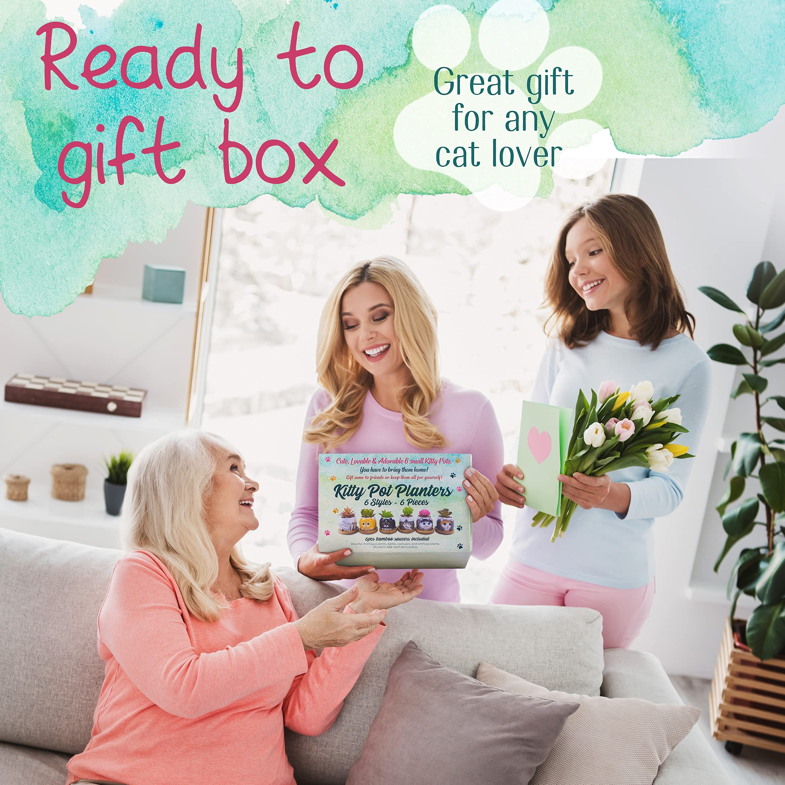 6 Pcs Ceramic Succulent Pots with Unique 3D Hand-Painted Cat Faces - Mini Cat Planter Succulent Pot Cat Decor for Cat Lovers Owners, Cat Gift with Drain Hole & Bamboo Saucers - Cat Mom Gifts for Women