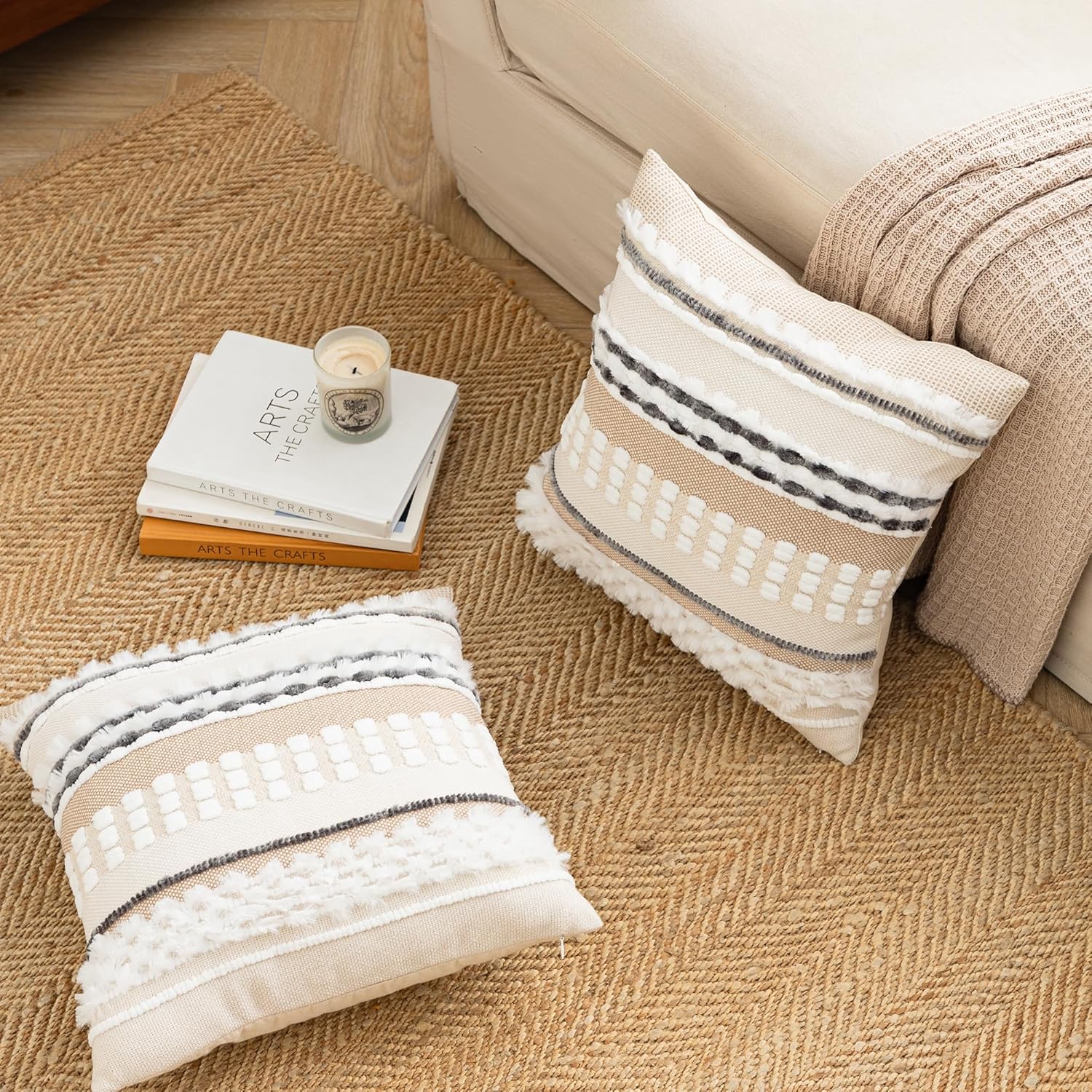 Anna's Whimsy 18x18 Inch Bohemian Set of 2 Boho Beige Pillow Covers Autumn Boho Throw Pillow Covers, Soft Linen Striped Farmhouse Decorative Square Pillows Cover for Couch Bed Living Room Decor