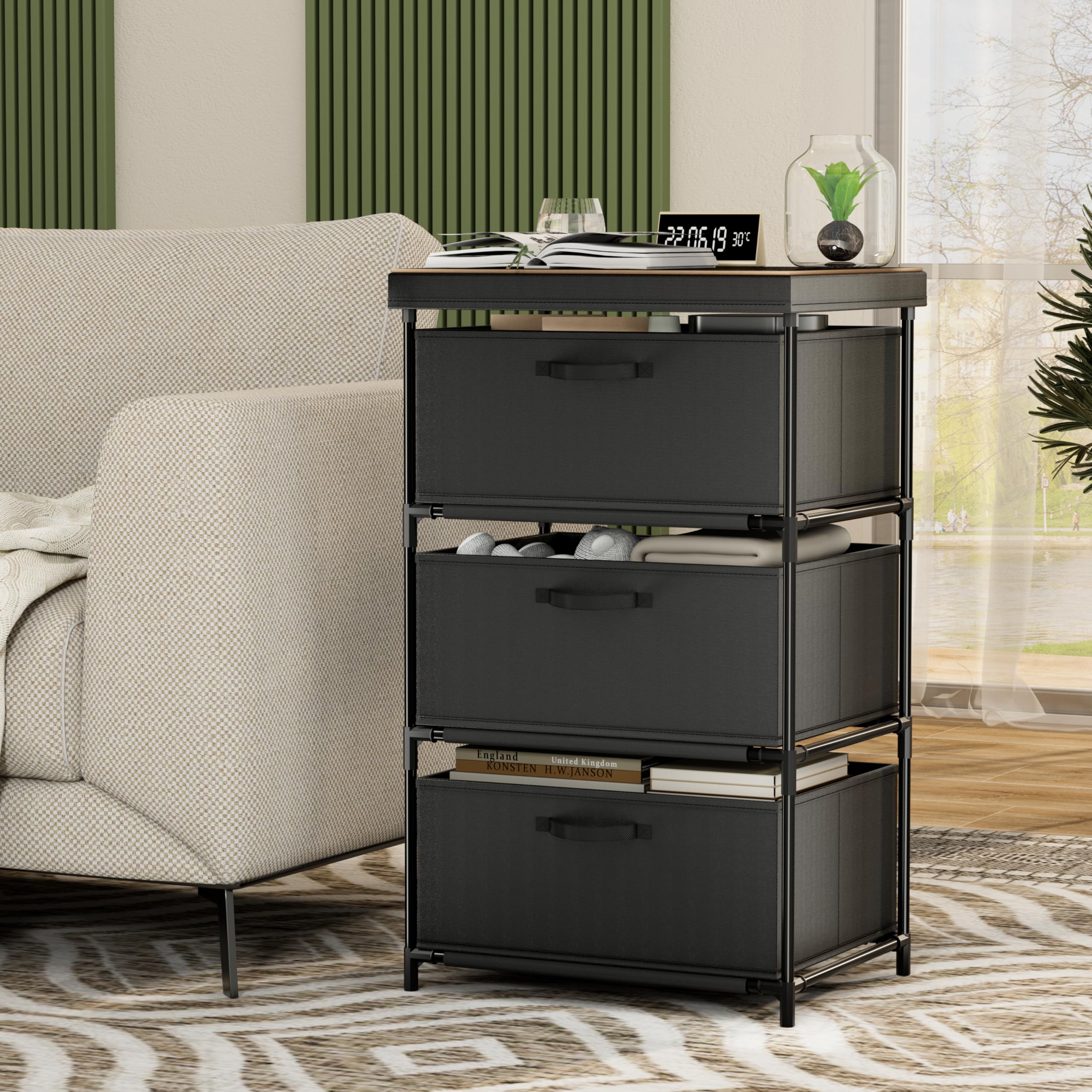 Dresser with 3 Fabric Drawer Solid Wood TV Stand Desktop Sturdy Metal Support Tube Cube Storage Cabinet for Bedroom Organization Dorm Front Hall Entryway (3 Drawer)