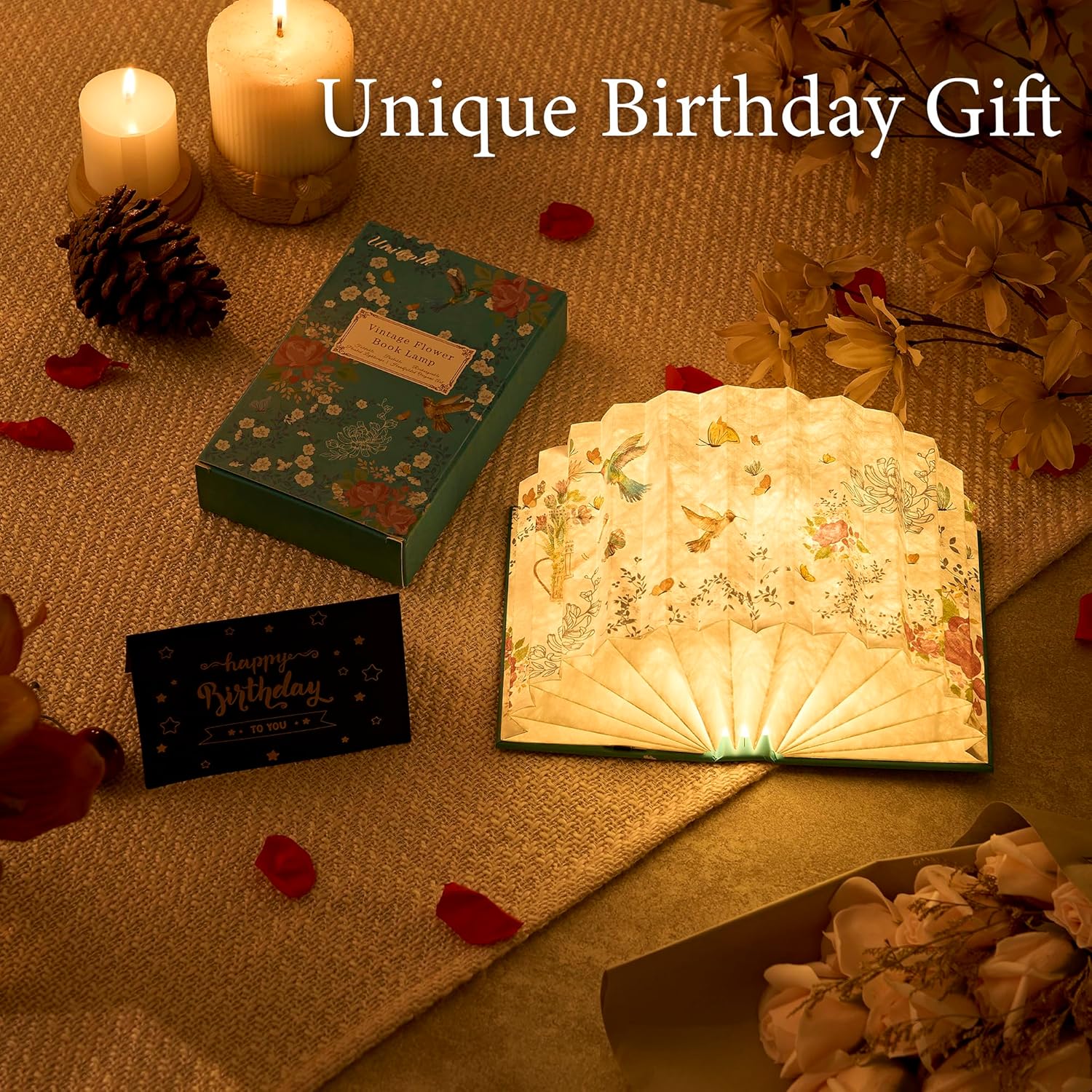 Uniwolk Flower Book Lamp Bookish Birthday Gifts for Women or Freinds, Foldable Paper Desk Lamp for Bedroom Living Room, Book Light as Gifts for Book Lovers, Desk Decor Cute Stuff