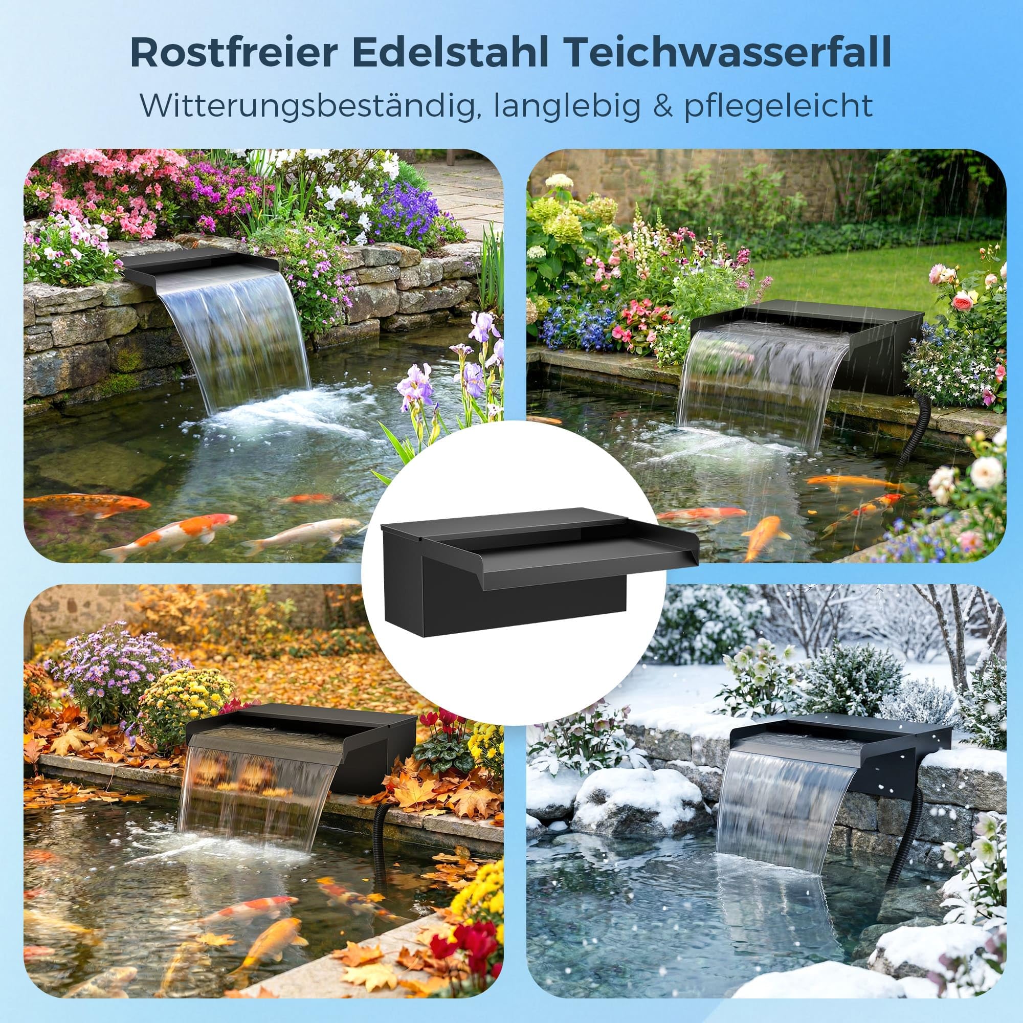Biling 20 cm Edelstahl Wasserfall Set Komplett mit Pumpe und Filter 40W 2500L/H für Gartenteich Koiteich Schwimmteich Wasserspiel Garten Deko Wasserkaskade