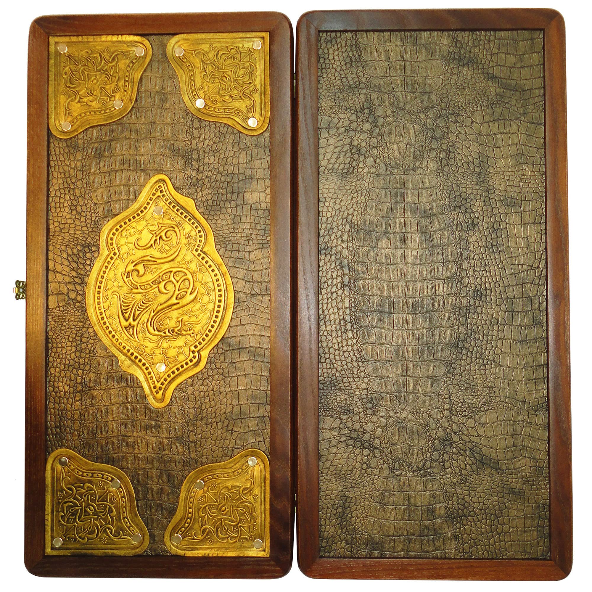Backgammon Set Board Game Russian Emblem Golden Dragon, Crocodile Leather, Natural Wood, Pieces and Dices Family Game Hobby Best Choice!