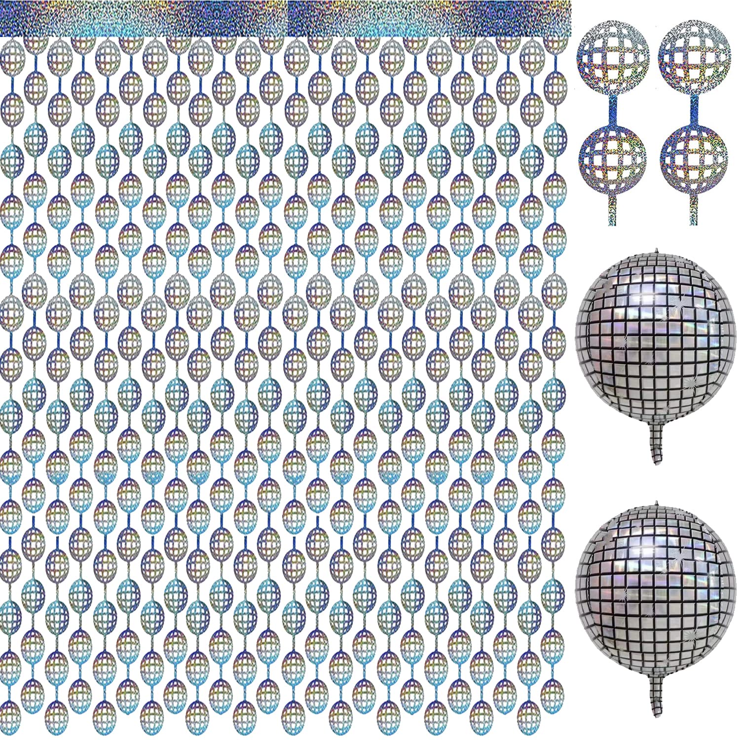 Disco Party Backdrop Decorations Include 2Pcs Disco Ball Foil Curtain and 2Pcs Disco Ball Balloons for 70s 80s Disco Themed Birthday New Year's Party Decor Supplies