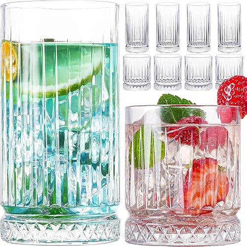 wookgreat Vasos vintage para beber, 8 vasos de cristal, 4 vasos altos de 15 onzas y 4 vasos de 12 onzas, tazas de mojito, vaso de cóctel de bebida