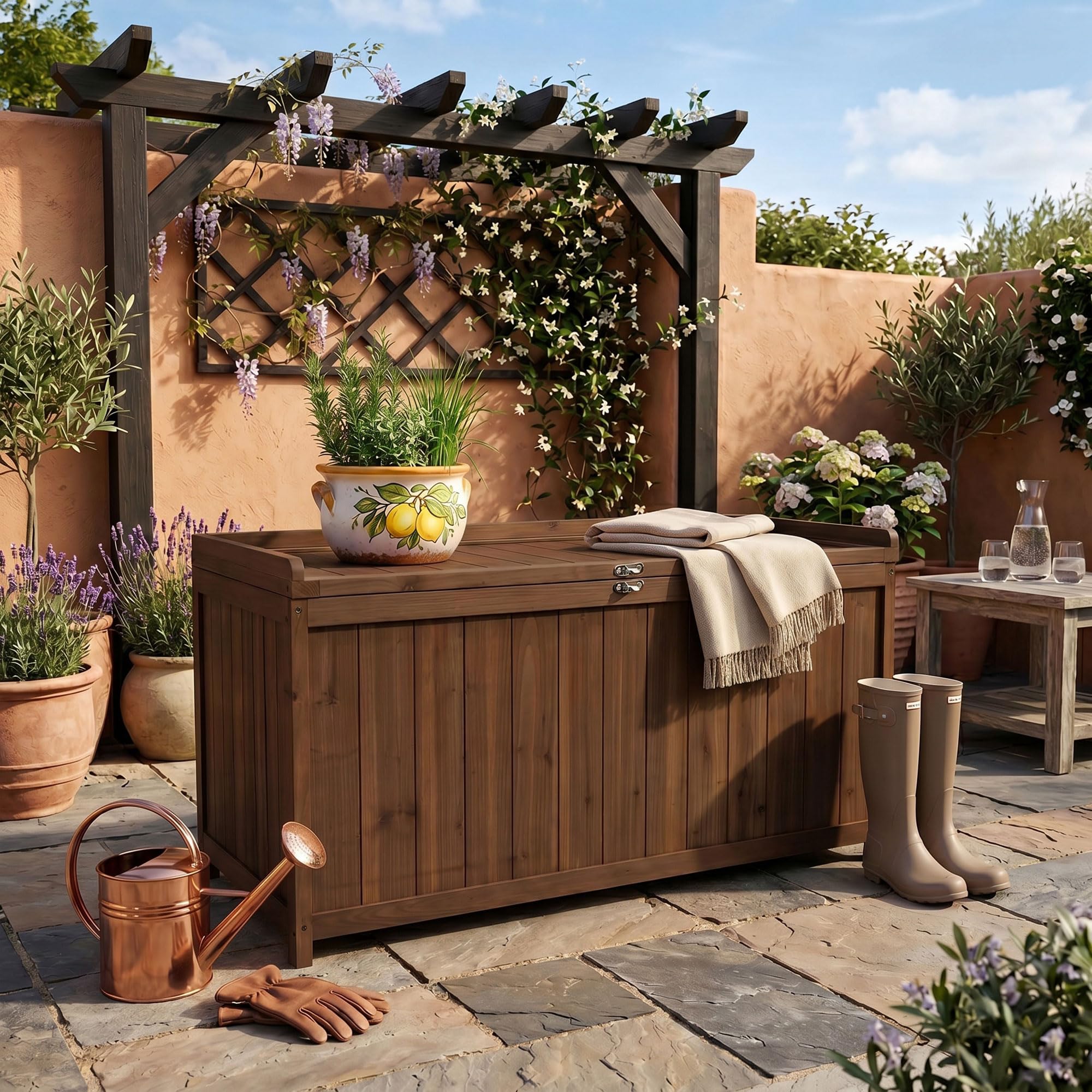 FRANKYSTAR® Cubo - Baule Panca da Giardino 113X60X53 cm da esterno contenitore lucchettabile portaoggetti in legno acacia teak