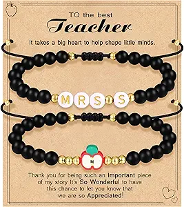 Teacher Appreciation Bracelet Gifts for Women Initial Beaded Bracelets Back to School Thank You Teacher Gifts 2pcs Link Bracelet New Teacher Graduation Gift Birthday Retirement Teachers' Day Jewelry
